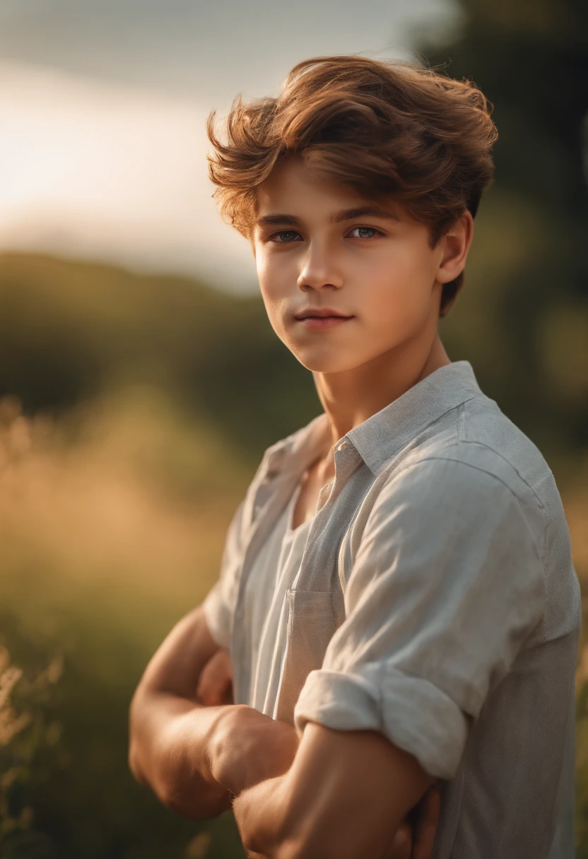 Up close, a handsome boy, outdoors, full of summer atmosphere, portrait, no reflection, rich detail, sunlight, light, 120mm focal length, natural light, bright, soft, minimalist, clear subject, 4k, real detail, perfect photo