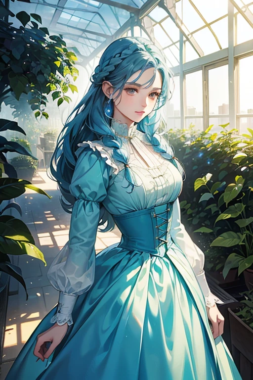 masterpieceVery beautiful young woman standing in big greenhouse, dreamlike effects in backlight. Her blue hair is soft and backlit, braided hairstyle, wearing a pale blue regency era dress, regency era