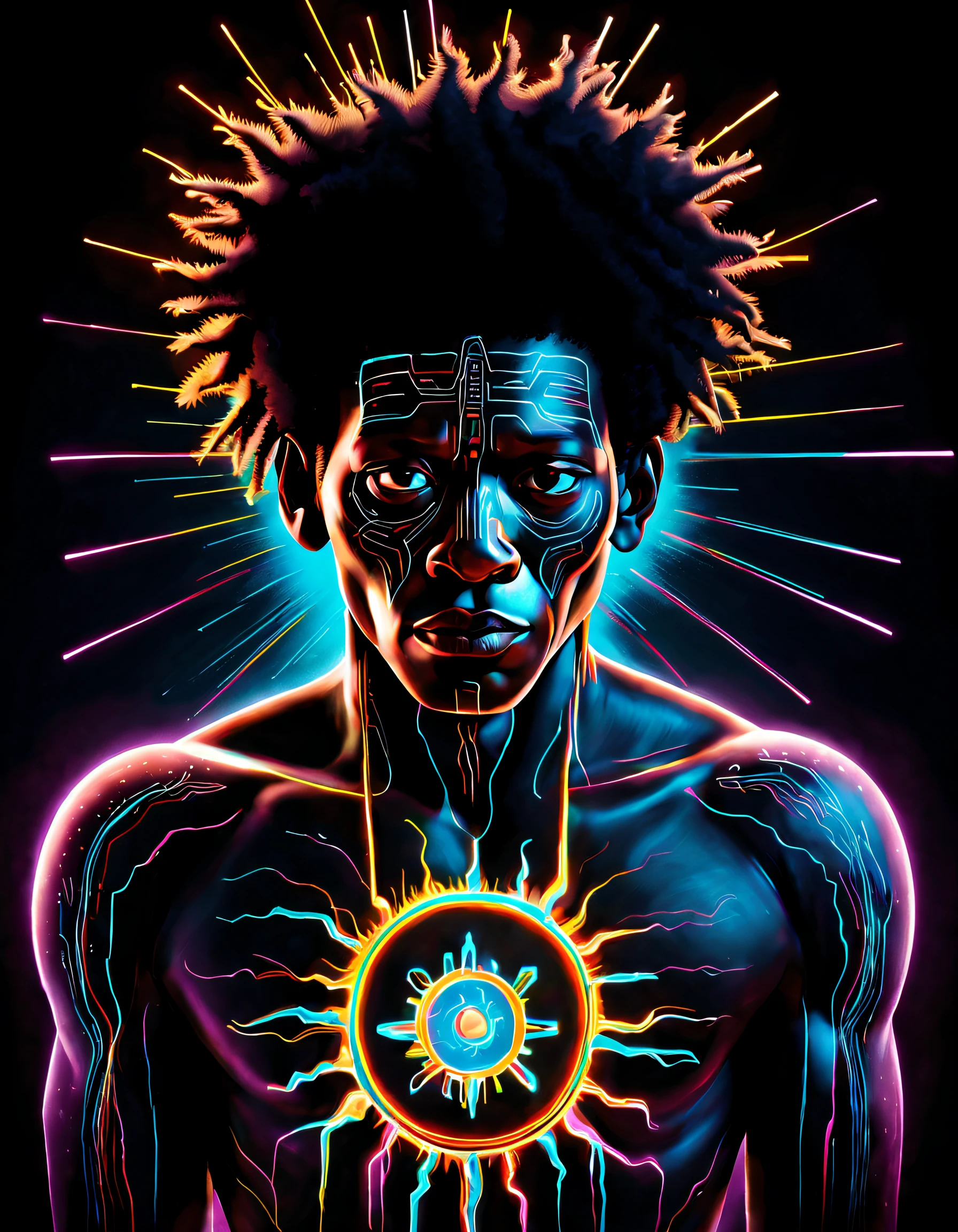 Suprem God, Ultra detailed illustration of the silhouette of a multidimensional Adolescent African boy entity, phantasmagorical Adolescent African figure made of pure Cosmic energy, (((translucent skin:1.5))), (((translucent body:1.5))), neon lights, light particles, colorful, cmyk colors, backlit,