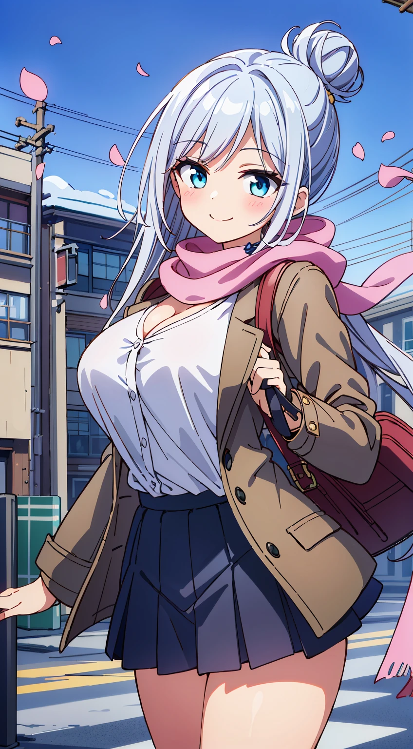 (Absurd realistic structure details),(High resolution complex and detailed text quality),(High-resolution microstructure、High poly 3 boobs D rendering correction),Methods of geometry,Careful explanatory anatomy, 

BREAK,



 1 beautiful girl, 1girl in, (Cute:1.5),(Cool:0.8), (Beauty:1.5),(Chibi:0.5), (17 years old girl), (girl, Older sister, Unclear, Beautiful face of Japan:1.2) BREAK, (A detailed eye,Tsuriformes:1.2),(Silver hair,Long hair in a bun,Deco:1.8), star eye silhouette, (long eyelashes, Double eyelids:1.2), cleavage, ,Swaying udder, Clear skin, Beautiful skin, Shy, Erect ,Clear skin, Beautiful skin, Shy, gleaming skin,(best quality face),(Top quality glowing eyes),(The best smile,Doya face:1.45),  BREAK  (Pink Theme:1.4), (Vivid colors:1.3), ( Winter clothes,Long sleeves) (Skirt, Black skirt, Pleated skirt ), Miniskirt, (  coat ),School bag,Handbag,Shoulder bag,Effect of giving shine to hair, Soft smile, (Closed eyes:0.7), White coat,Looking at Viewer, Sparkle effect, random colored petals, Many petals, Fluttering petals, prismatic effects,

BREAK,(day), Standing,a closed mouth,(architecture, building, Choker, city, Cityscape, Outdoors, building, city,lamp post, Power lines, scarf, skyporn, Snow, Solo, utility pole, Winters:1.55), Waterfall,depth of fields,

 BREAK,wakame,wakame,wakame,(Cowboy Shot:1.4), 

BREAK,(Blurry background:1.3),(absurderes, hight resolution, Super Detail Art),cel shading,Clear Color, Lonely optical effect, Beautiful pictures, Bright glow, mystic atmosphere,(Close-up of girl:1.1), Mystical light particle effect,manga influence, clean line drawings,