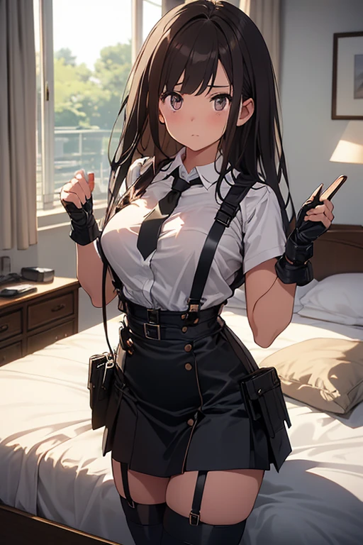 ​masterpiece、flat-colors、depth of fields、lens flare 1 girl、、Brown hair、watching at viewers　　　black suspenders　　　Bulging big breasts　　 　 　　　walls: 　Black miniskirt　garters　　　　　　Gaze　　　Small face　bangss 　　　holster　　Belt Armament　Beautuful Women　srestrained　hands up　Lying in bed　Leg holster lying on the bed　　Gaze 　Black boots