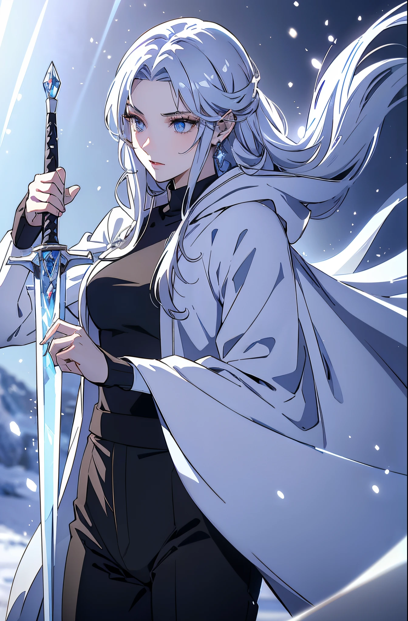 (best quality, high resolution), ultra-detailed, woman, young, 19 years old, swordsman, long white hair, snow-white skin, cold eyes, crystal blue eyes, black sweater, black pants, white cape with hood. Crystal loga sword, shiny, (ultra-detailed sword, high resolution, best quality). Earring, crystal bottom.