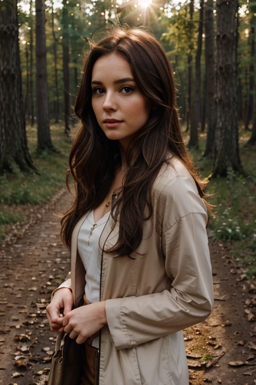 Beautiful mystical woman with brown hair, in a beautiful forest enjoying the sunset