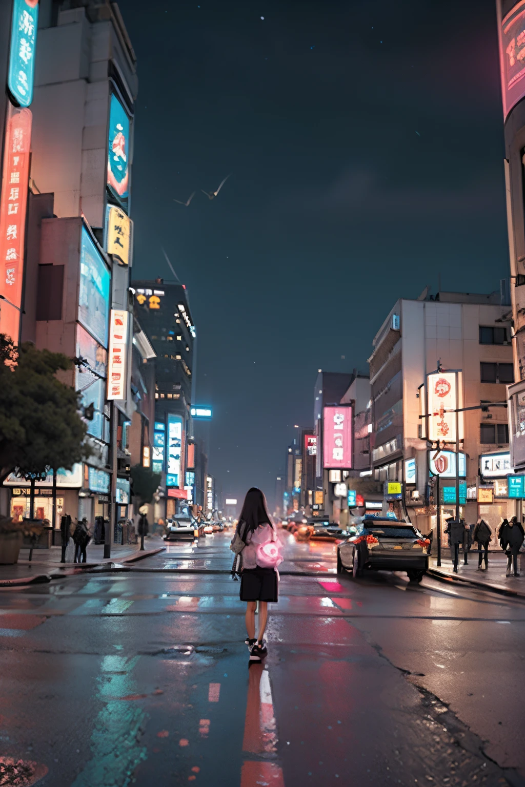 City night panorama。in a sci-fi city,There is a projection of a head in front of the girl,The road under your feet is translucent,As traffic lights change,Zebra crossing discoloration。There are many circular floating robots at the intersection,Check everyone'the behavior of。Girl chatting with family through virtual screen,light up with joy。Various interesting advertisements will be placed on buildings in the city。hyper-detailing,cyber punk perssonage,The landscape,three point perspective。down view