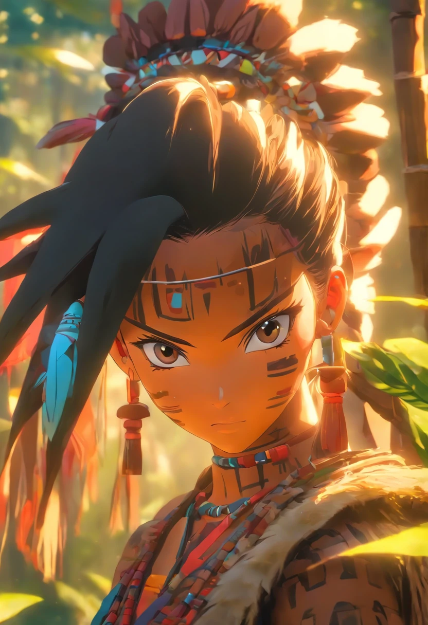 (((Femme autochtone))) Best quality, very high resolution, Detailed 4K CGI, Masterpiece, Ceuci, peinture indigenous, Amazonia, Brazil, indigenous, Indigenous Tribes, Indigenous Town, woods, aesthetics, belle image, Screen-centric, corps entier