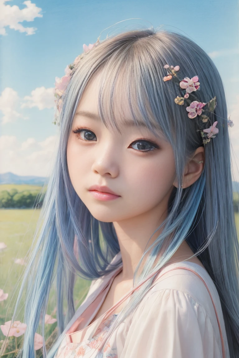 ((Miho Hirano style ))medium portrait of a girl, Spring landscape, Evening. a perfect face, Cyan eyes, hair light, slight smile, Character portrait, Miho Hirano style , floral motives, Hair development, pastel colours,pink and blue flowers