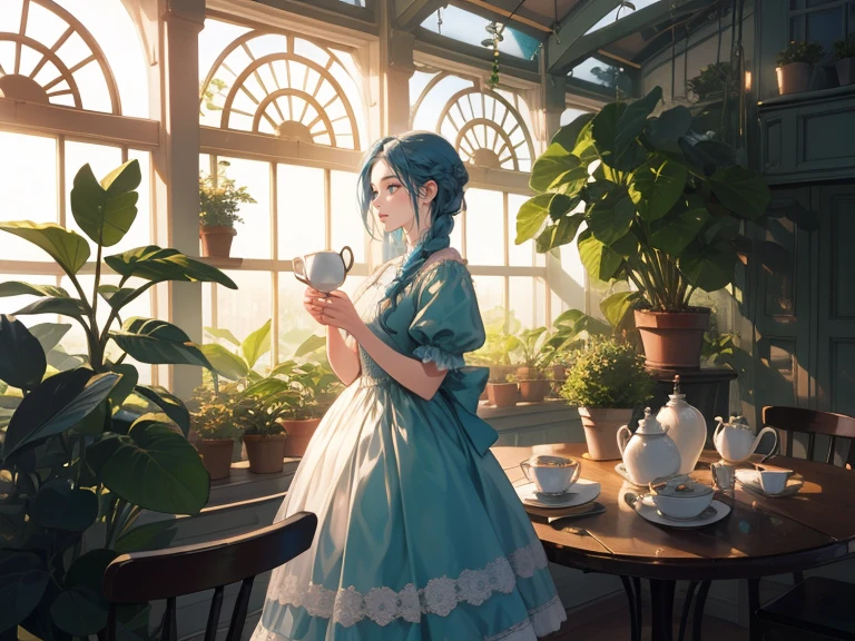 masterpiece, Very beautiful young woman standing in big greenhouse, dreamlike effects in backlight. Her blue hair is soft and backlit, braided hairstyle, holding a cup of tea, wearing a teal and white victorian dress, victorian era, background: greenhouse with table and chairs for tea party