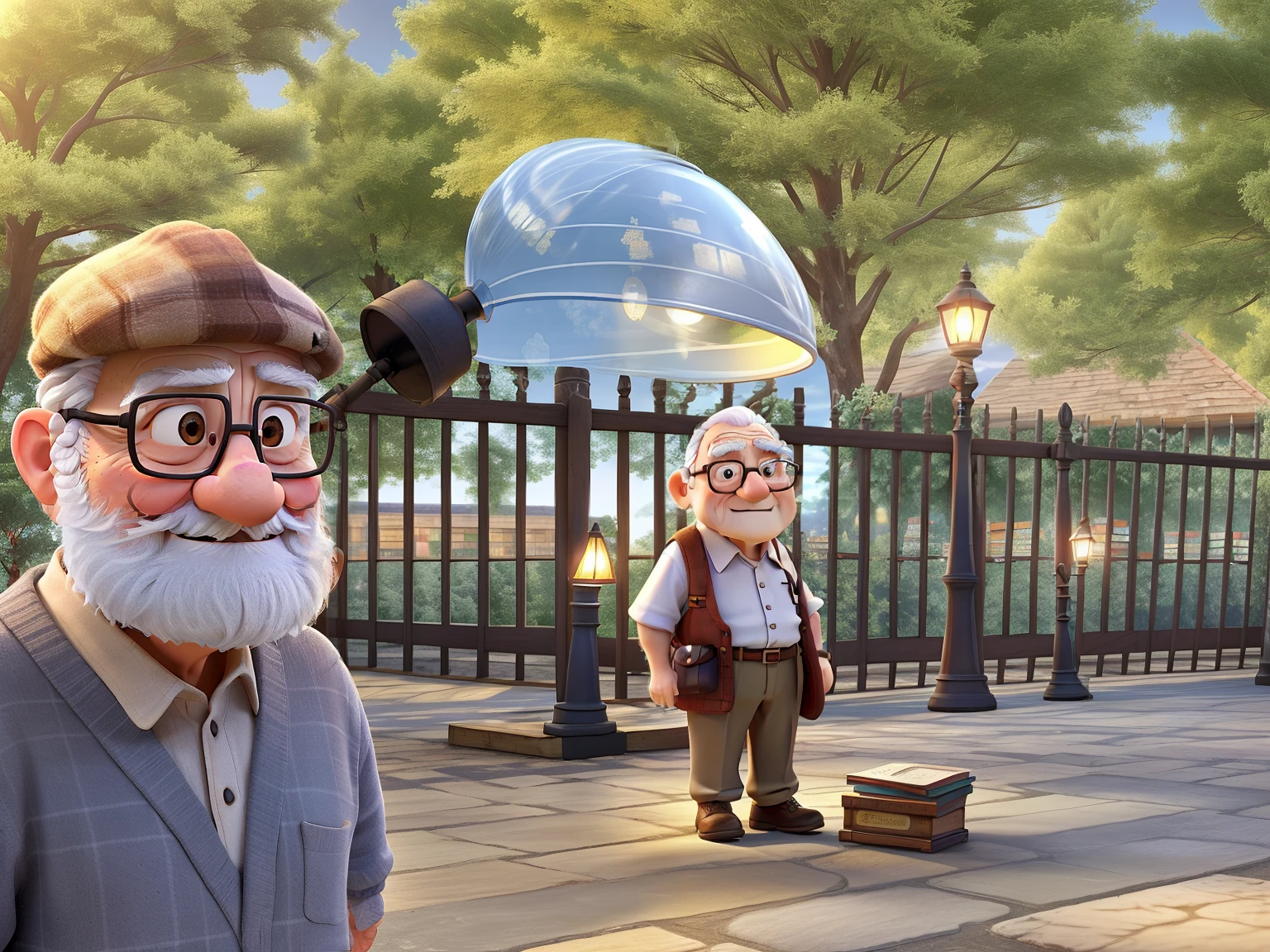 A wise old man standing in front, illuminated by the light of a lamp, against the backdrop of a library