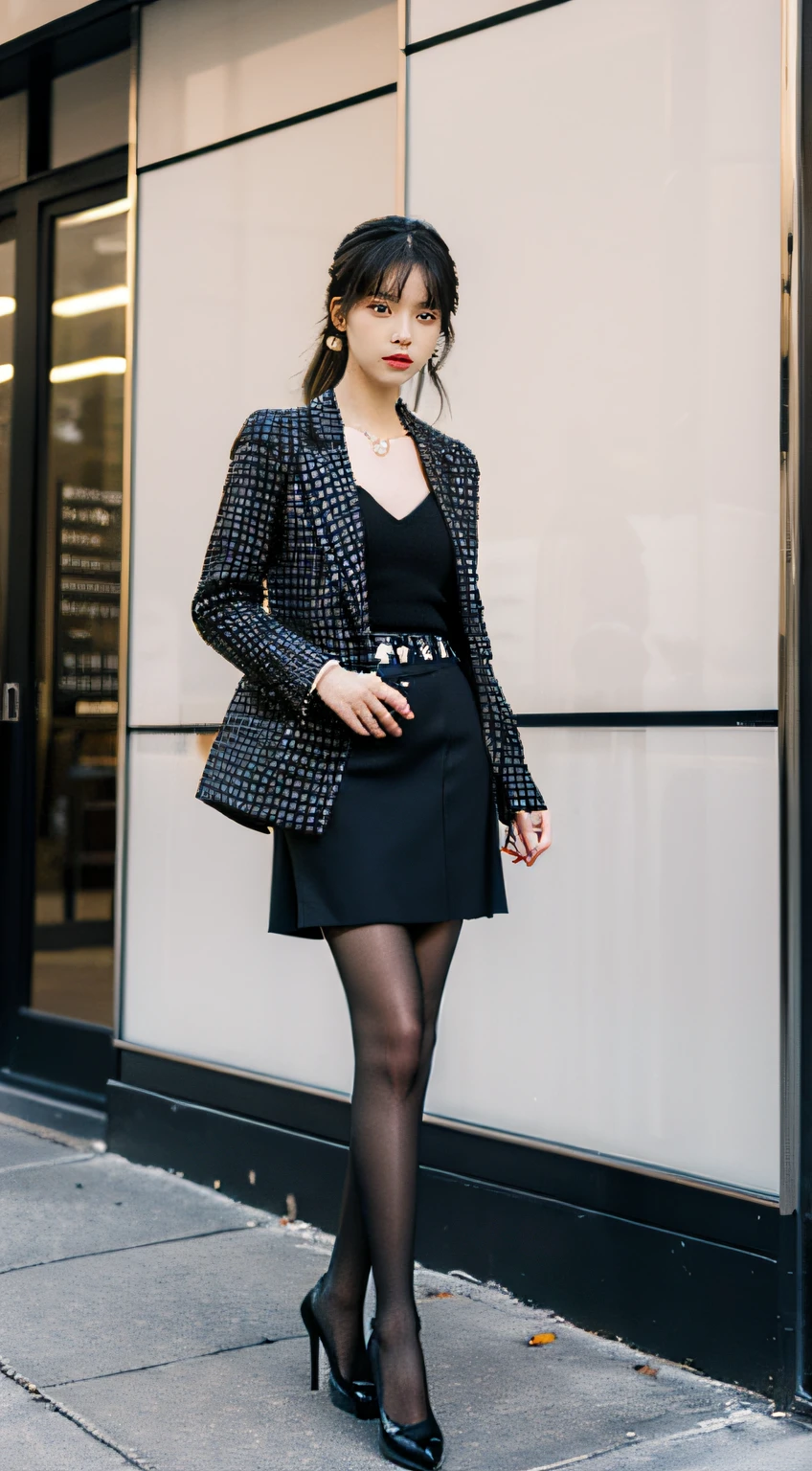 Best quality at best,tmasterpiece,超高分辨率,(realness:1.4),RAW photogr,hyper HD,8K,There is one girl,Stylish clothes,Chanel style,Stylish skinny suit, wearing jacket and skirt,high-class fashion,ellegance, White and black clothes, short skirt and a long jacket, black pantyhoses,best selling, high-heels