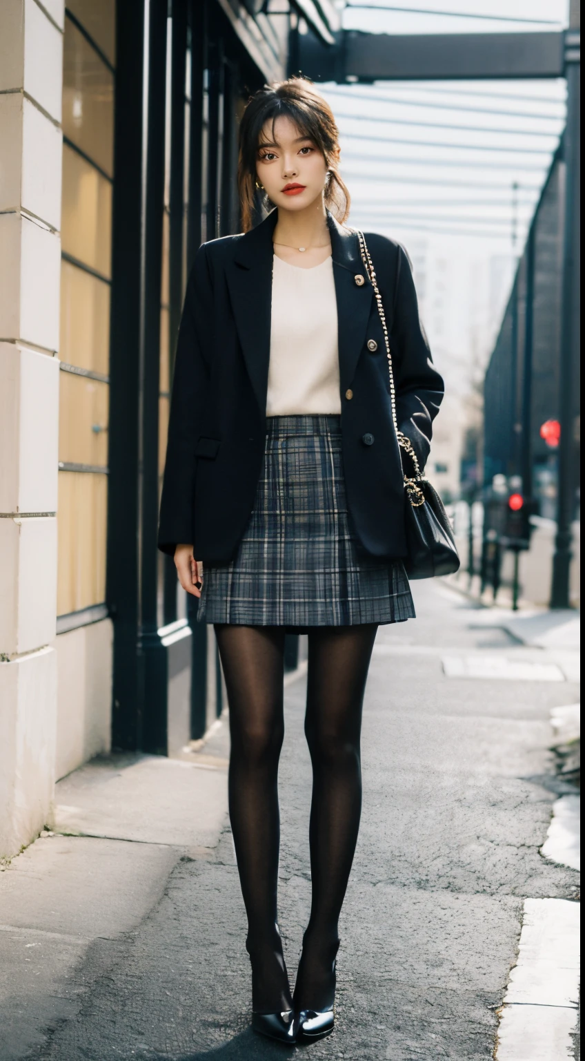Best quality,tmasterpiece,超高分辨率,(realness:1.4),RAW photos,hyper HD,8K,There is one girl,Stylish clothes,Chanel style,Stylish skinny suit, wearing jacket and skirt,high-class fashion,ellegance, White and black clothes, short skirt and a long jacket, black pantyhoses,best selling, high-heels