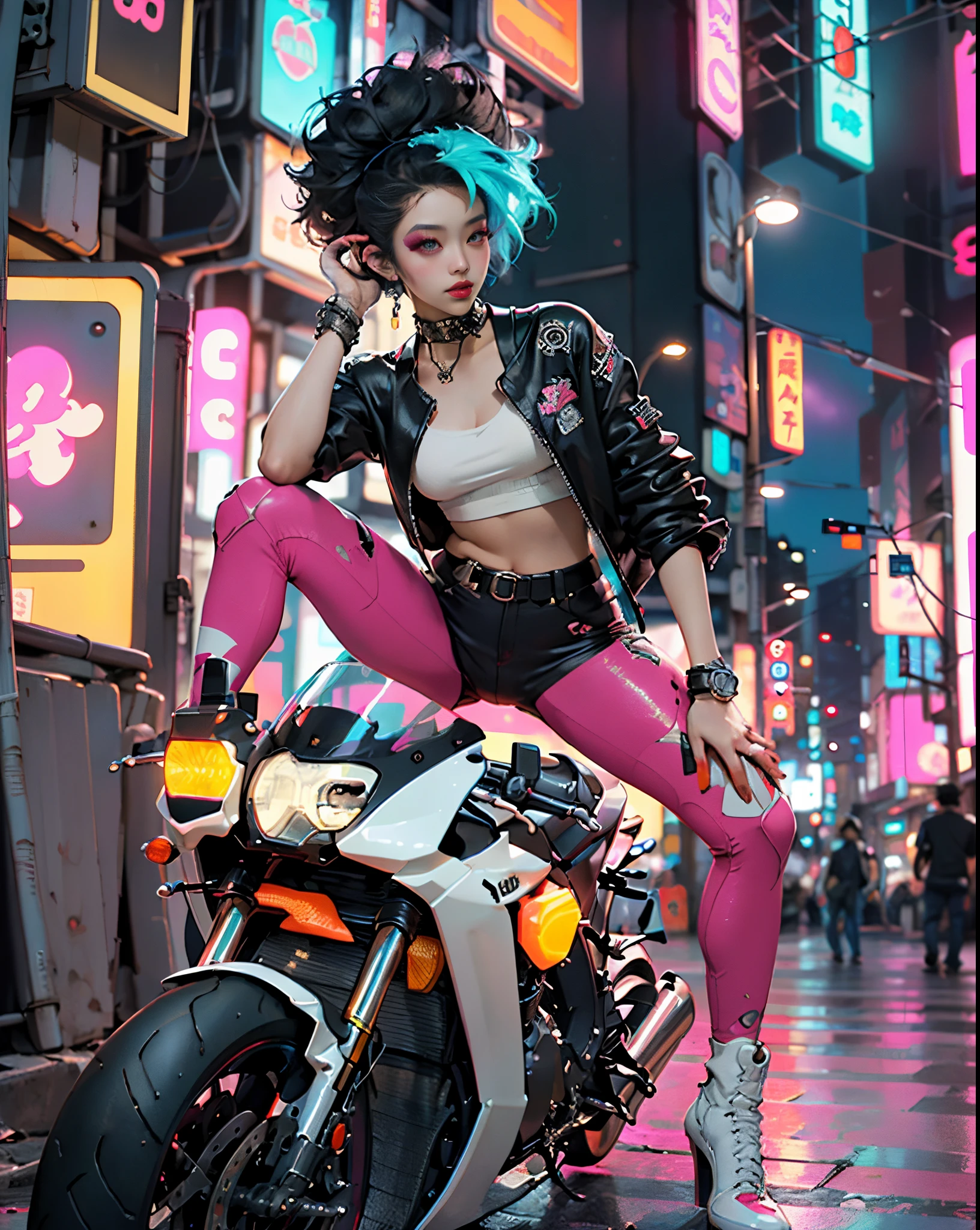 masterpiece, best quality, Confident asian cyberpunk girl, full body shot, ((standing in front of motorcycle)), Harajuku-inspired pop outfit, bold colors and patterns, eye-catching accessories, trendy and innovative hairstyle, vibrant makeup, Cyberpunk dazzling cityscape, skyscrapers, neon signs, LED lights, bright and vivid color scheme, anime, illustration, detailed skin texture, detailed cloth texture, beautiful detailed face, intricate details, ultra detailed.