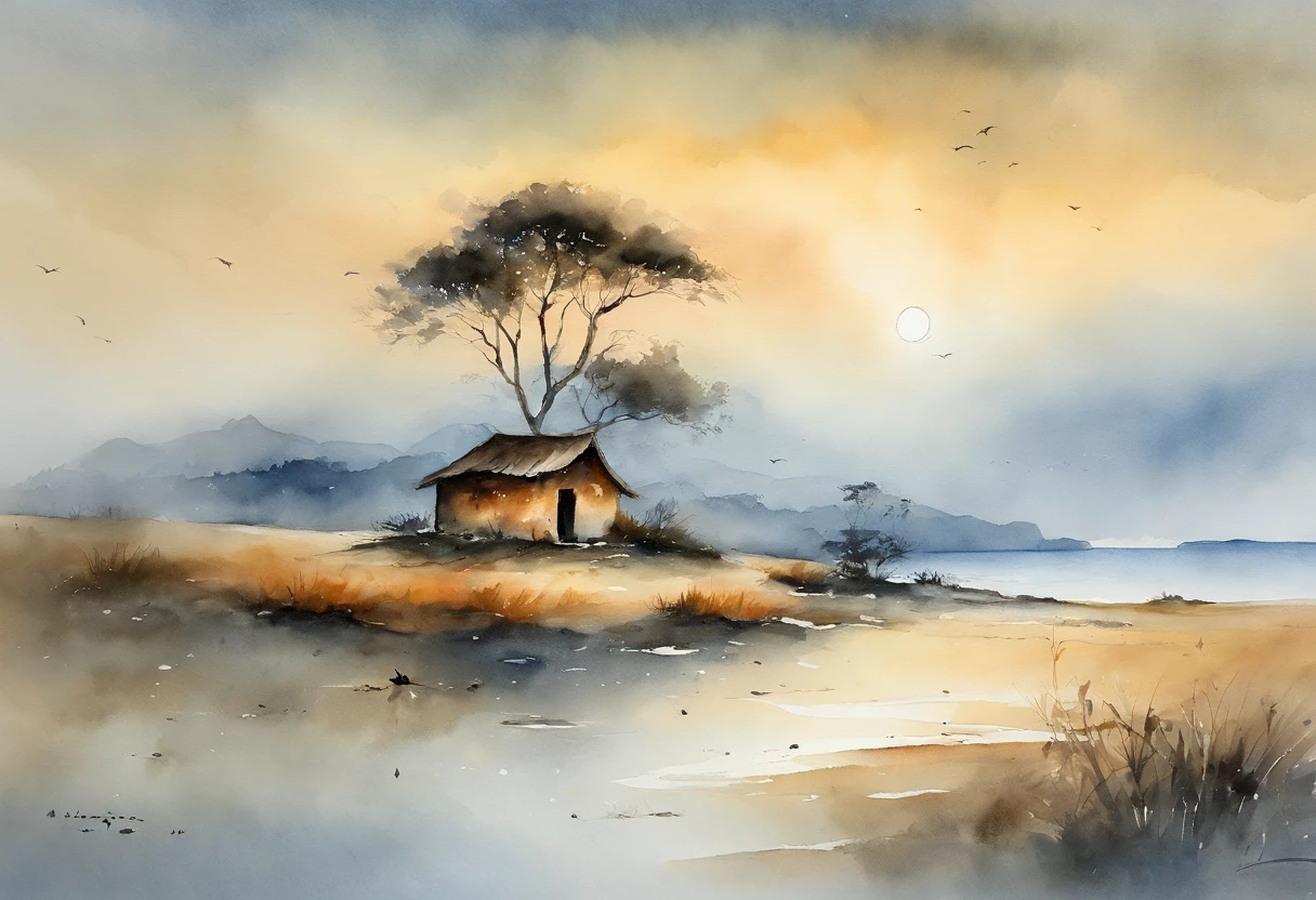 This picture is a watercolor style painting,Depicting a tranquil coastline and distant hills。In the center of the picture,A hut can be seen standing alone on an island or a raised area on the coast.。The whole scene was shrouded in a layer of mist,Gives people a quiet and peaceful feeling。The distant sky takes on a soft golden color,In sharp contrast to the gray-blue sea below。This color contrast and watercolor rendering creates a hazy and dreamy atmosphere。Overall,This painting gives people a feeling of loneliness and peace,Probably a scene at dawn or dusk。