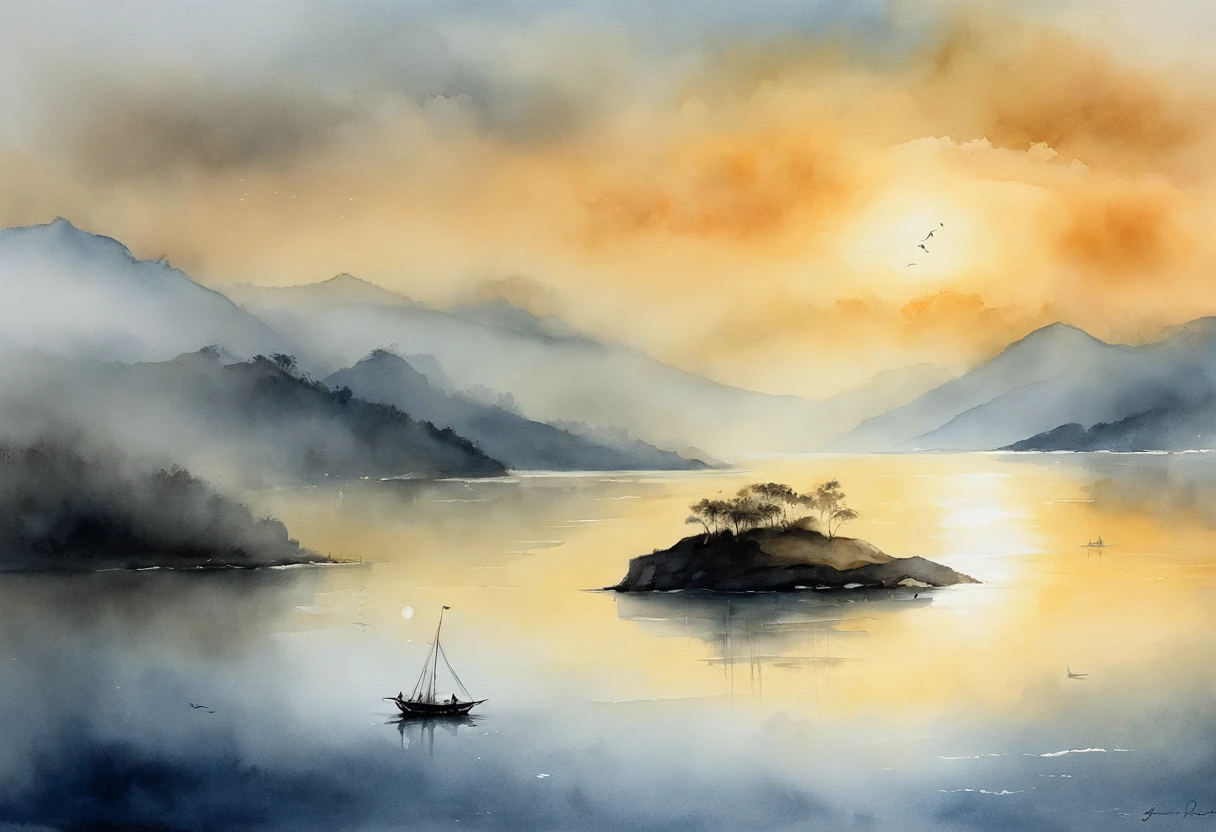 This picture is a watercolor style painting,Depicting a tranquil coastline and distant hills。In the center of the picture,A hut can be seen standing alone on an island or a raised area on the coast.。The whole scene was shrouded in a layer of mist,Gives people a quiet and peaceful feeling。The distant sky takes on a soft golden color,In sharp contrast to the gray-blue sea below。This color contrast and watercolor rendering creates a hazy and dreamy atmosphere。Overall,This painting gives people a feeling of loneliness and peace,Probably a scene at dawn or dusk。