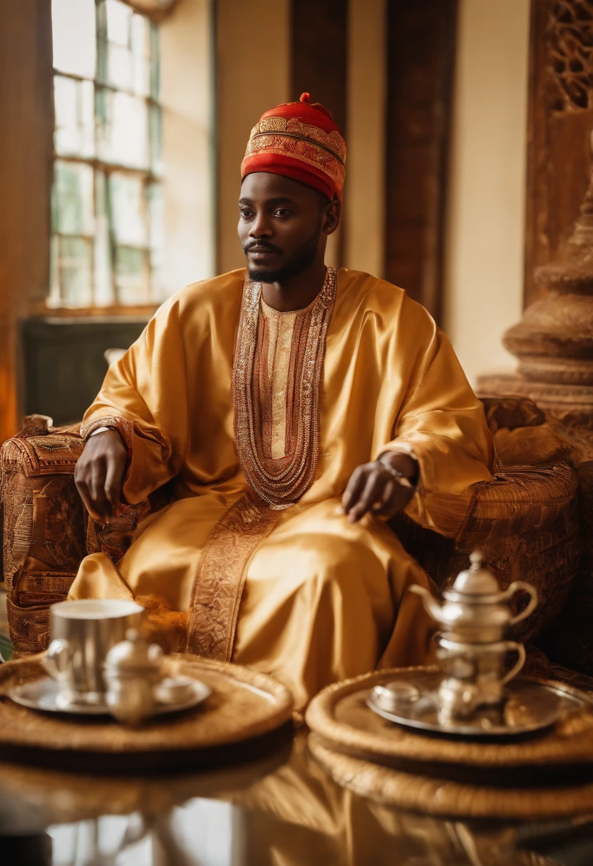 Adekunle is enjoying a traditional Ethiopian coffee ceremony in a bustling coffee shop,original,Prince Adekunle Adebayo, a fictitious Nigerian royal, portrays himself with an aura of elegance and persuasive charm. He’s often seen in opulent, traditional Nigerian robes, his appearance crowned by a confident, yet earnest expression, designed to evoke trust and sympathy., male