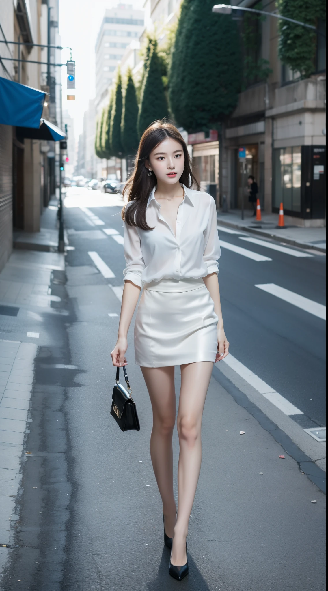 Ultra-clear resolution,top Quority,Wonderful young girl,ear studs,Clear eyes,plain face,Gloss on lips,s the perfect face,White skin,Perfect chest,Slender legs,Gray office miniskirt,black heels,empty street