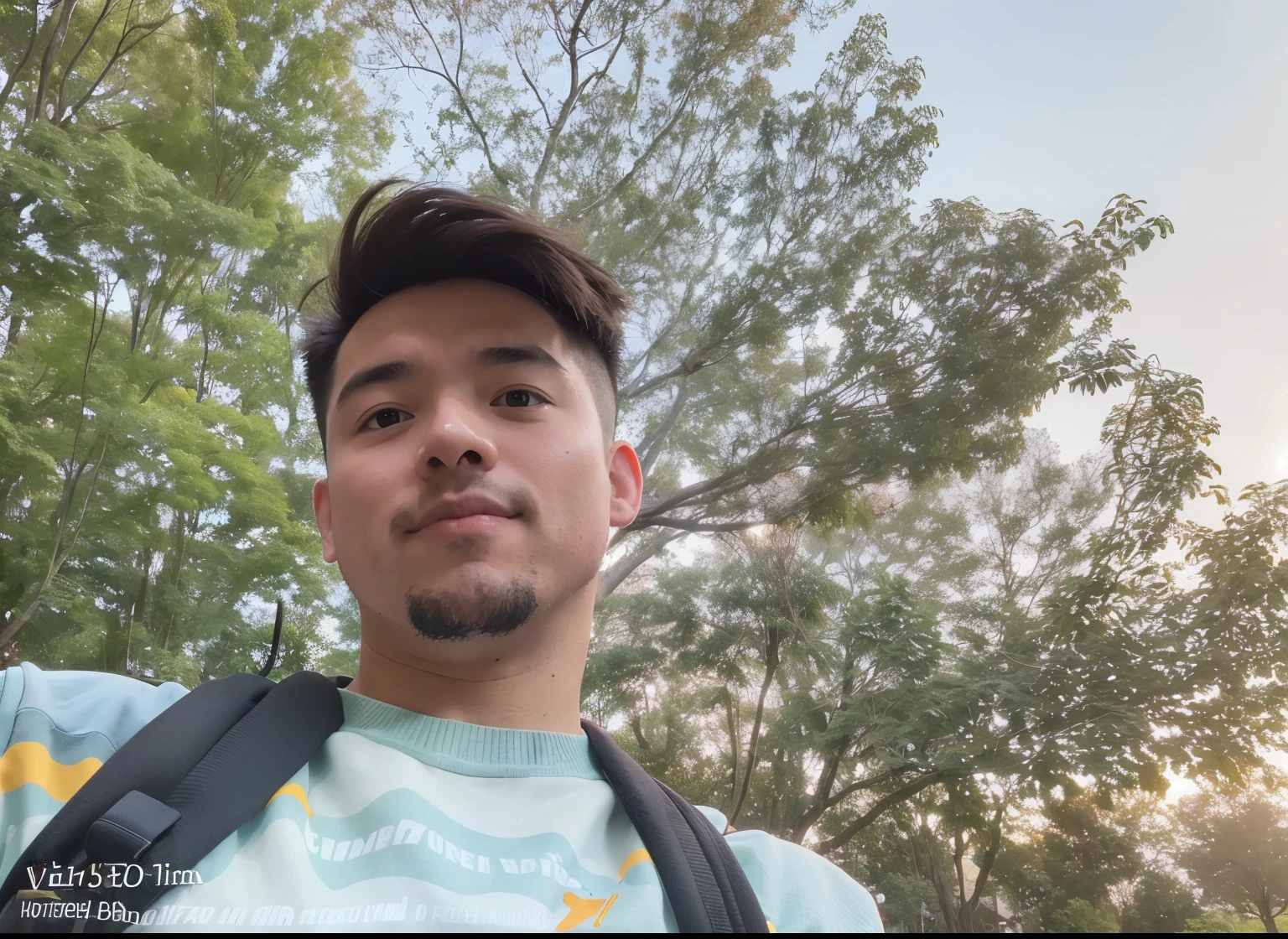 there is a man with a backpack standing in front of a tree, in front of a forest background, with accurate face, taken with the best dlsr camera, photo taken with canon 5d, with trees, wide - angle portrait, 8k selfie photograph, candid picture, amidst nature, front profile!!!!, connected with hanging bridge!!, very very low quality picture