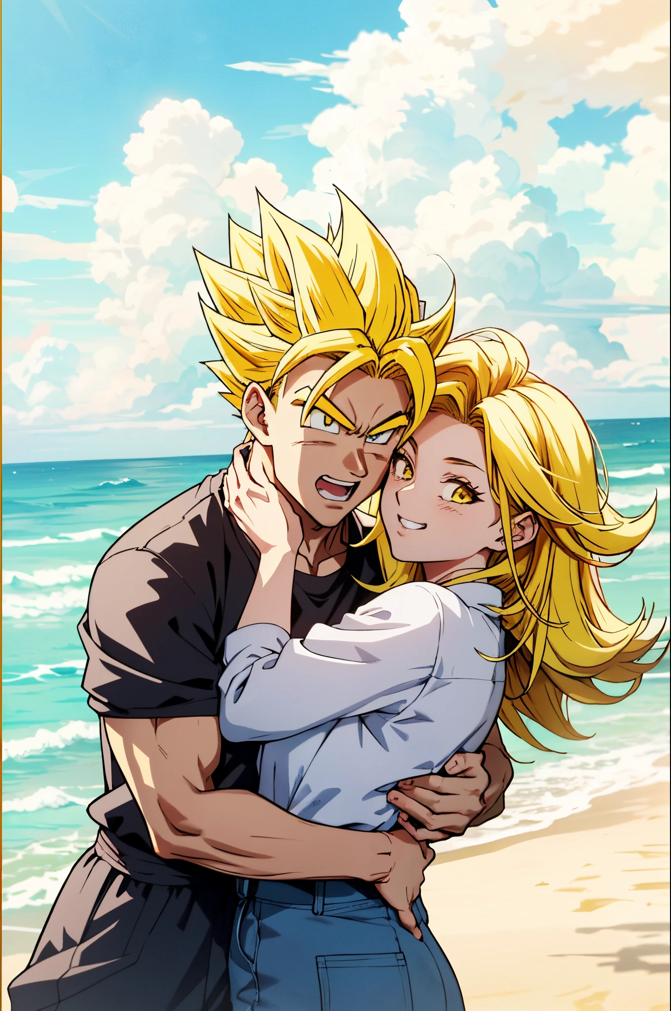 a man and woman hugging on the beach with the ocean in the background, super saiyan,(blond hair:1.5), ((yellow hair:1.5)),super saiyan goku, super sayan, super sayian goku, super saiyan 3, going super saiyan, dragon ball concept art, dragon ball artstyle, 4 k manga wallpaper, goku from dragon ball, an epic anime of a energy man, 4k anime wallpaper,smile,