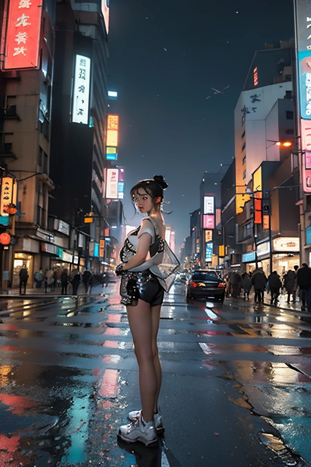 City night panorama。in a sci-fi city，There is a projection of the girl&#39;s head in front of her，The road under your feet is translucent，As traffic lights change，Zebra crossing discoloration。There are many circular floating robots at the intersection，Check everyone&#39;the behavior of。Girl chatting with family through virtual screen，Towards the camera Biye。Various interesting advertisements will be placed on buildings in the city。hyper-detailing，cyber punk personage，The landscape，three point perspective。down view