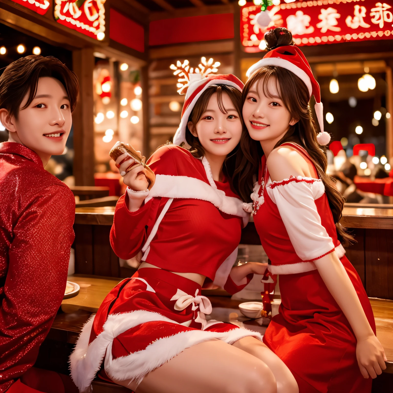 Masterpiece, Raw photo, peoples sitting in the Hot Pot restaurant, eating post, wearing Christmas outfit, details, high quality, hyper realistic, lighting, Christmas Party, lightings8K,8K, super realistic skin, best quality, wearing red and white crop top and red and white skirt, wearing Christmas clips,