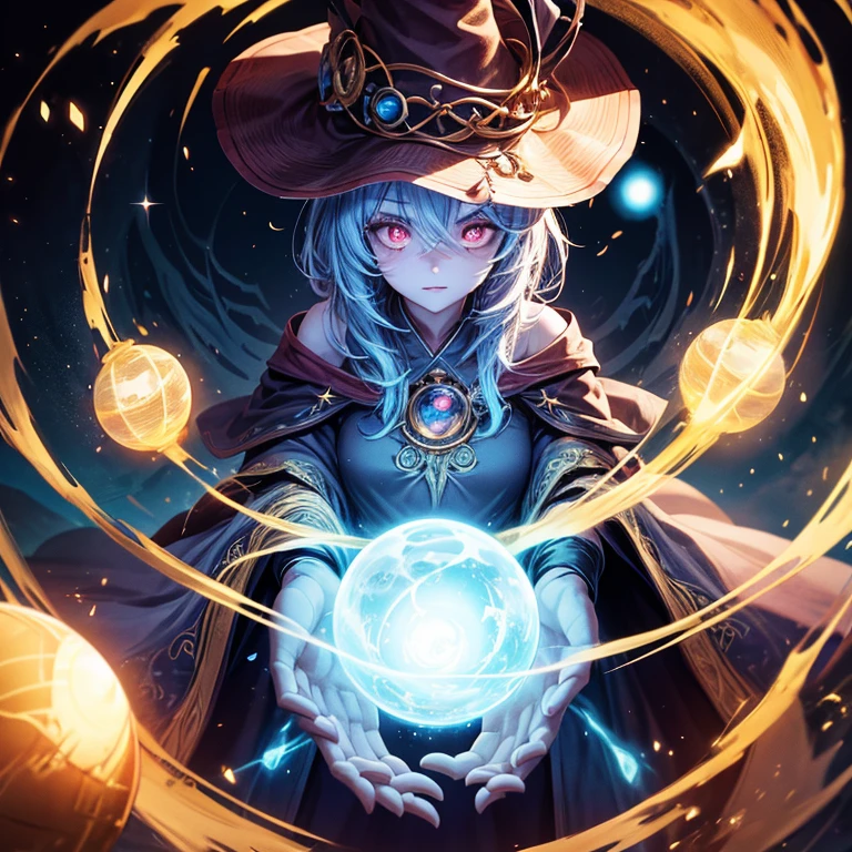 Best Quality,Dynamic lighting,1womanl,Looking at Viewer, Crazy eyes, make - up, Glowing eyes,split-colored hair, Wearing a wizard's robe and hat、Contemplate the glowing orb、dim room、Sorcerer's Room、glowing lights、flickering lights、
