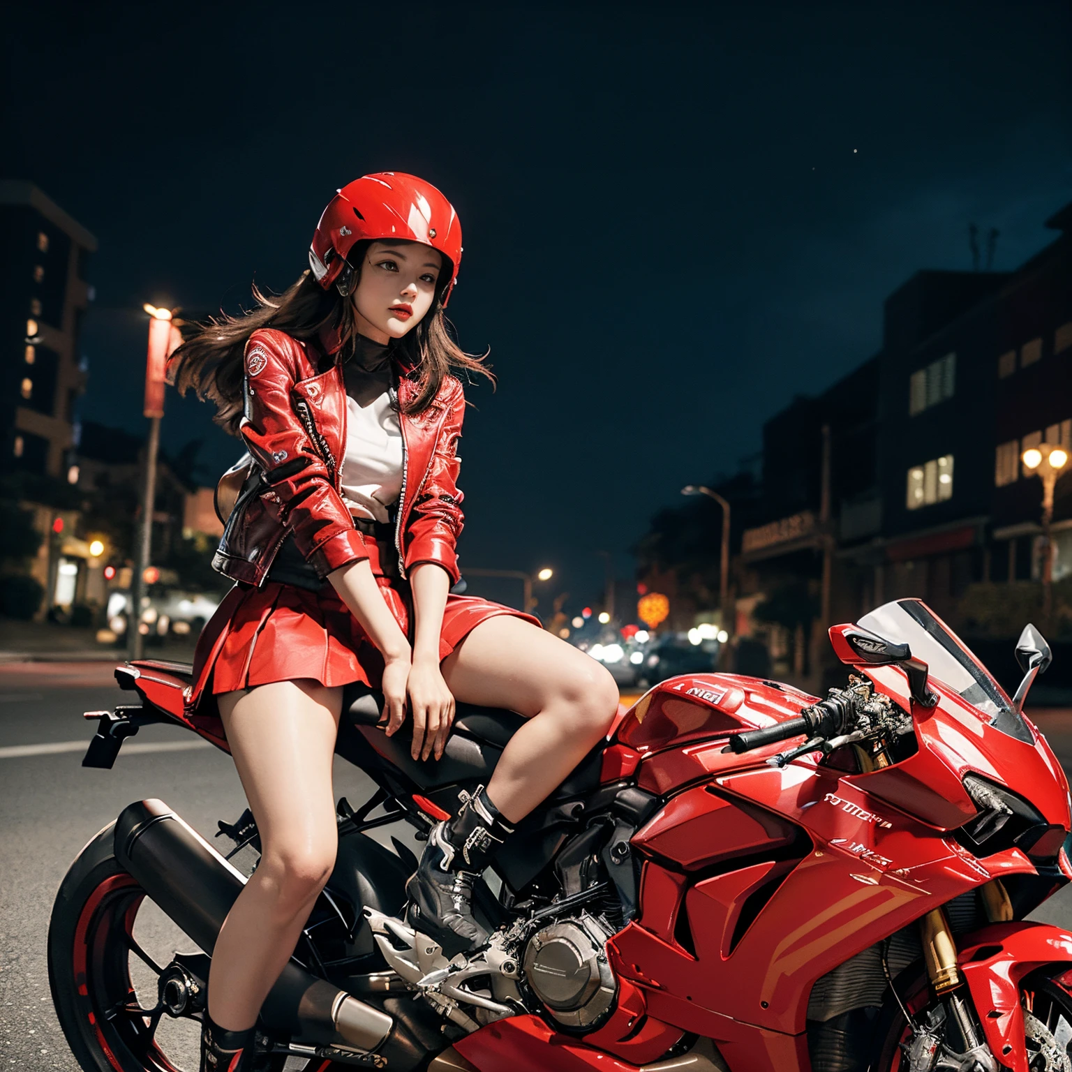 hight resolution、high-level image quality、in 8K、Real live-action、Raw photography、top-quality、​masterpiece、masutepiece、(Soft Saturation:1)、(depth of fields:1.2)、(Ray traching:1.2)、landscapes、natta、optic、The background is a sci-fi style night view、heavy wind、Big red motorcycle speeding through the city at night、Young woman in red dress sitting on a big red motorcycle, Beautiful face、(Red Skin Jacket:1.2)、(Red short skirt:1.3)、white knee highs、Red boots、perfect hand、perfect foot、perfect ankles、Perfect toes、Perfect Heel、Grab the controller:1.2、Sitting on the Ducati Panigale V4, Wearing a red sci-fi style full-face helmet, full face helmet:1.2、Riding a Honda CBR1000RR, Sci-fi style bikes, Sci-fi style bikes, Ducati Panigale V4 Motorcycle Rider, How to ride the Ducati Panigale V4, picture of a female biker, motorbike,Motorcycle displacement: Ducati Panigale V4 Details、quick, High-speed shooting, up close shot,motion-blur、
