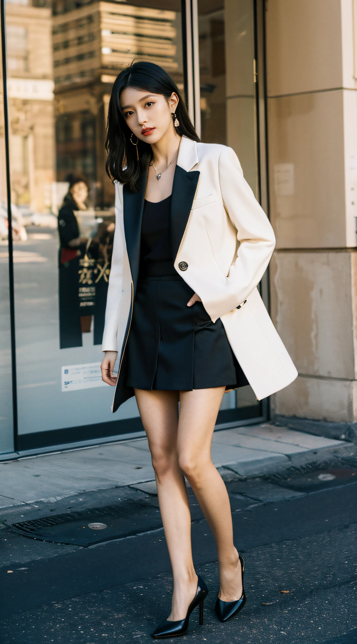 A woman in a black dress and white coat is walking down the street ...