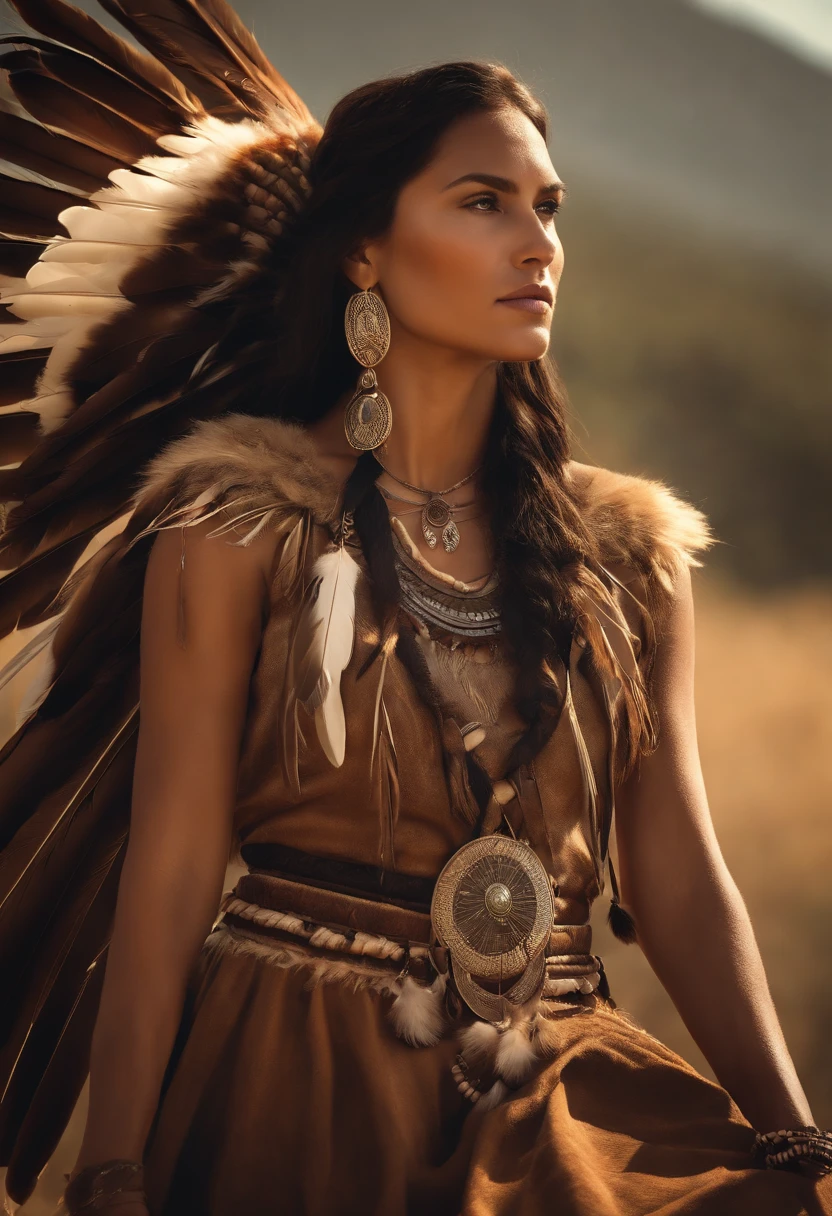 Portrait de Marie Avgeroupolus en Pocahontas, Beautiful young Native American woman, Perfect symmetrical face, Indigenous feather jewelry, Traditional handmade dress, warrior hunter armed, (((Far West))) environnement, Utah landscape, Ultra photo realsisim, concept art, elegant, ((complexe)), ((highly detailed)), profondeur de champ, ((professional color graded)), soft ambient lighting, twilight, 8k, Art par Artgerm et Greg Rutkowski et Alphonse Mucha