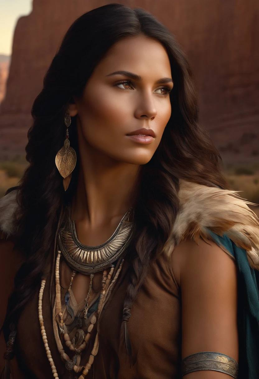 Portrait de Marie Avgeroupolus en Pocahontas, Beautiful young Native American woman, Perfect symmetrical face, Indigenous feather jewelry, Traditional handmade dress, warrior hunter armed, (((Far West))) environnement, Utah landscape, Ultra photo realsisim, concept art, elegant, ((complexe)), ((highly detailed)), profondeur de champ, ((professional color graded)), soft ambient lighting, twilight, 8k, Art par Artgerm et Greg Rutkowski et Alphonse Mucha