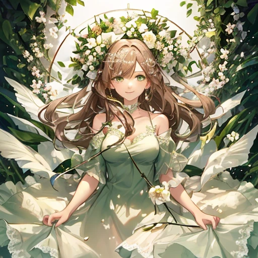 pronpt:
best quality, extremely beautiful and thoughtful woman, botanist, nature lover, gentle expression, slight smile, highly detailed beautiful face, green eyes, long flowing hair, light brown, elegant casual dress, green and white, floral patterns, solo, upper body, soft lighting, illustration, no background