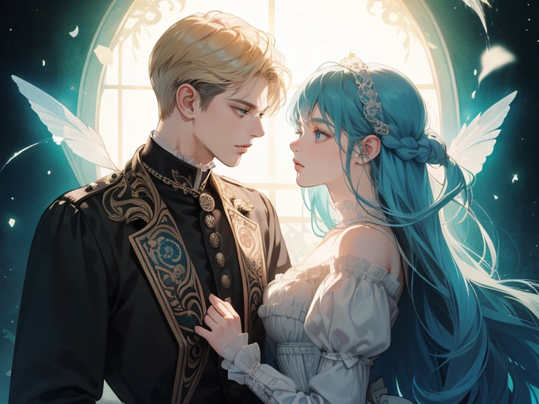 masterpiece, couple, 1 male, 1 female, different hair color (1 Very beautiful young woman, dreamlike effects in backlight with blue hair is soft and backlit, braided hairstyle, wearing a teal and white victorian dress) victorian era, (1 male with short blond hair and blue eyes, taller than female, wearing black victorian outfit)(couple angrily looking at each other)