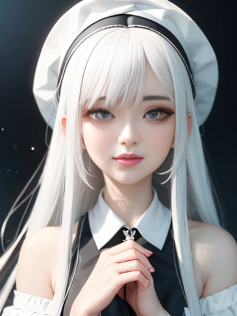 Close-up portrait of woman wearing white hat and white skirt, bagel hairstyle, Has white hair, anime rapunzel girl, Guviz-style artwork, style anime, beautiful anime style, guweiz, Urzans, Has white hair, Long white hair and bangs, Sam rice cereal, inspired by anime