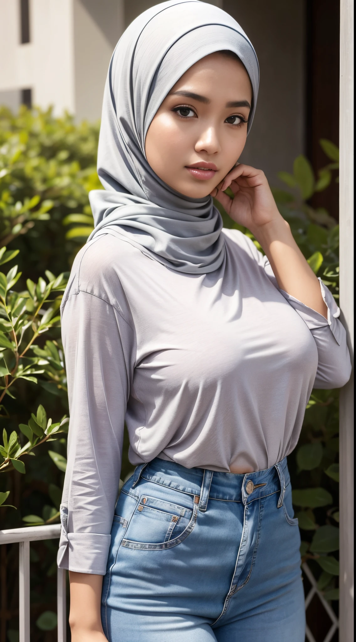 RAW, Best quality, high resolution, masterpiece: 1.3), beautiful Malay woman on hijab (iu:0.8), perfect nose,perfect lips, perfect eyes, detail :1.2),((big breast)),1 Malay girl, modern plain hijab,full body image detail, watery eyes, RAW, Best quality, high resolution, masterpiece: 1.3),big breast, perfect nose,perfect lips, perfect eyes, detail :1.2), soft smile, woman in a gray shirt and blue jeans standing in front of a bush, lovely woman, wearing casual clothes, malaysian, casual clothing, wearing casual clothing, a young asian woman, casual clothing style, casual clothes, handsome girl, casual pose, hijab, simple clothes, casual modern clothing, taken in 2022, full body picture, an asian woman