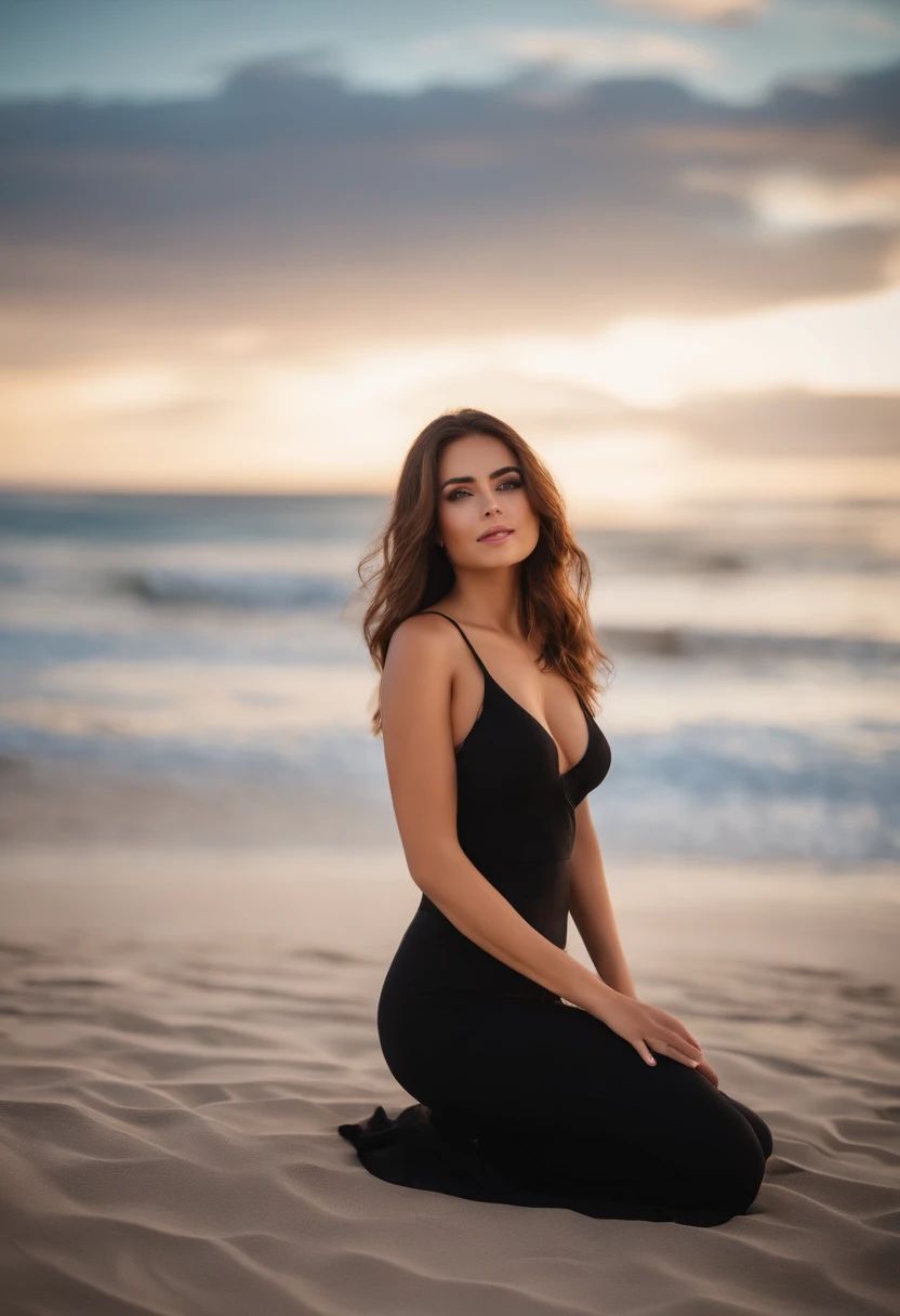 mujer morena.latina. Cabello largo hasta la cintura y negro. top escotado. cuerpo completo. con curvas definidas.ojos azules posando en un atardecer