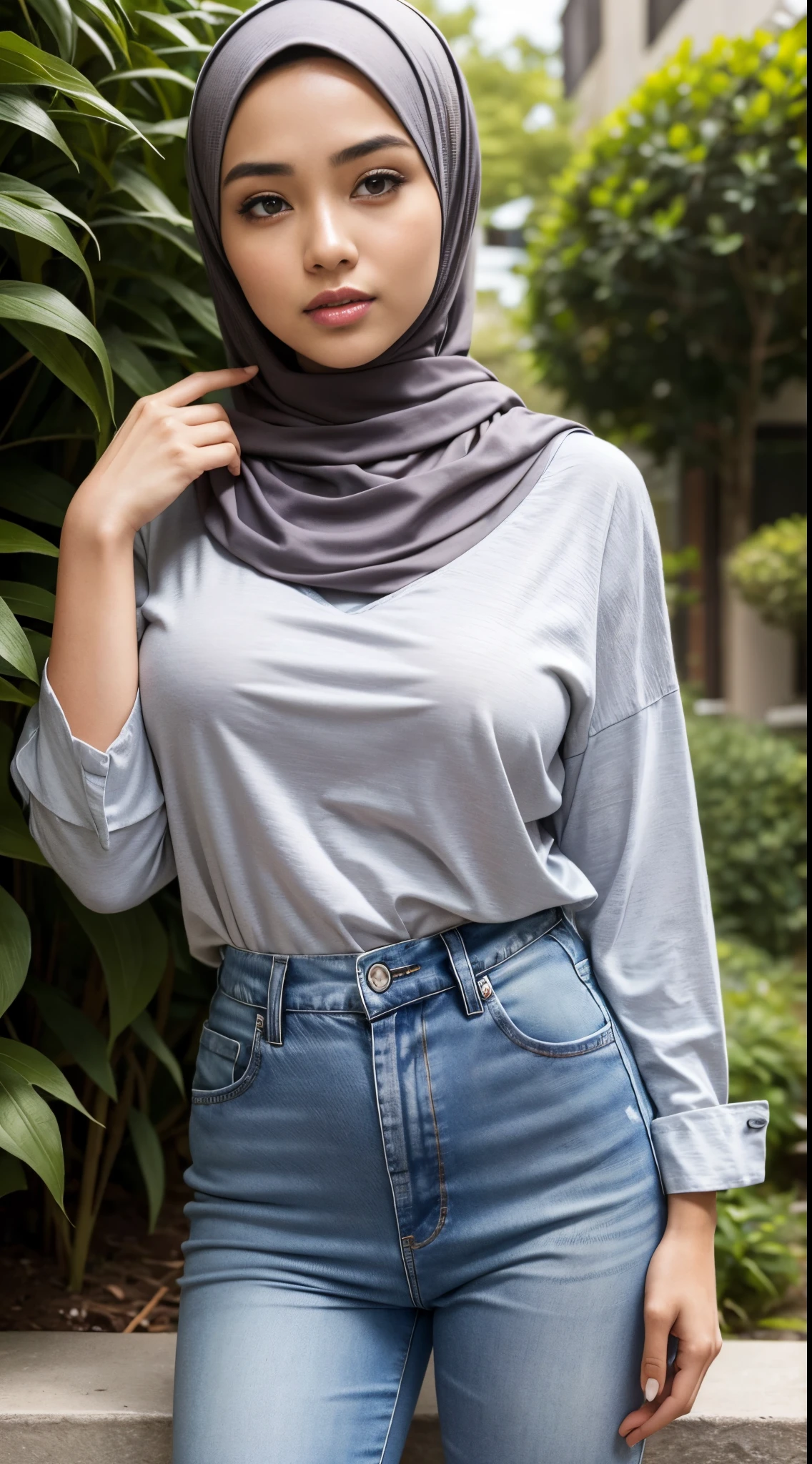 RAW, Best quality, high resolution, masterpiece: 1.3), beautiful Malay woman on hijab (iu:0.8), perfect nose,perfect lips, perfect eyes, detail :1.2),((big breast)),1 Malay girl, modern plain hijab,full body image detail, watery eyes, RAW, Best quality, high resolution, masterpiece: 1.3),big breast, perfect nose,perfect lips, perfect eyes, detail :1.2), soft smile, woman in a gray shirt and blue jeans standing in front of a bush, lovely woman, wearing casual clothes, malaysian, casual clothing, wearing casual clothing, a young asian woman, casual clothing style, casual clothes, handsome girl, casual pose, hijab, simple clothes, casual modern clothing, taken in 2022, full body picture, an asian woman