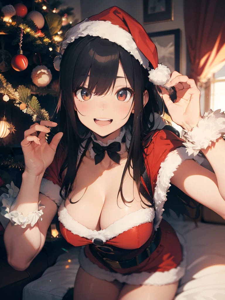 ultra-quality, ultla highres, Hyper Detailed, High contrast, Ultrafine Strike, creative refinement,A dark-haired,ssmile,Santa Claus Costume,Show cleavage,livingroom,5 fingers
