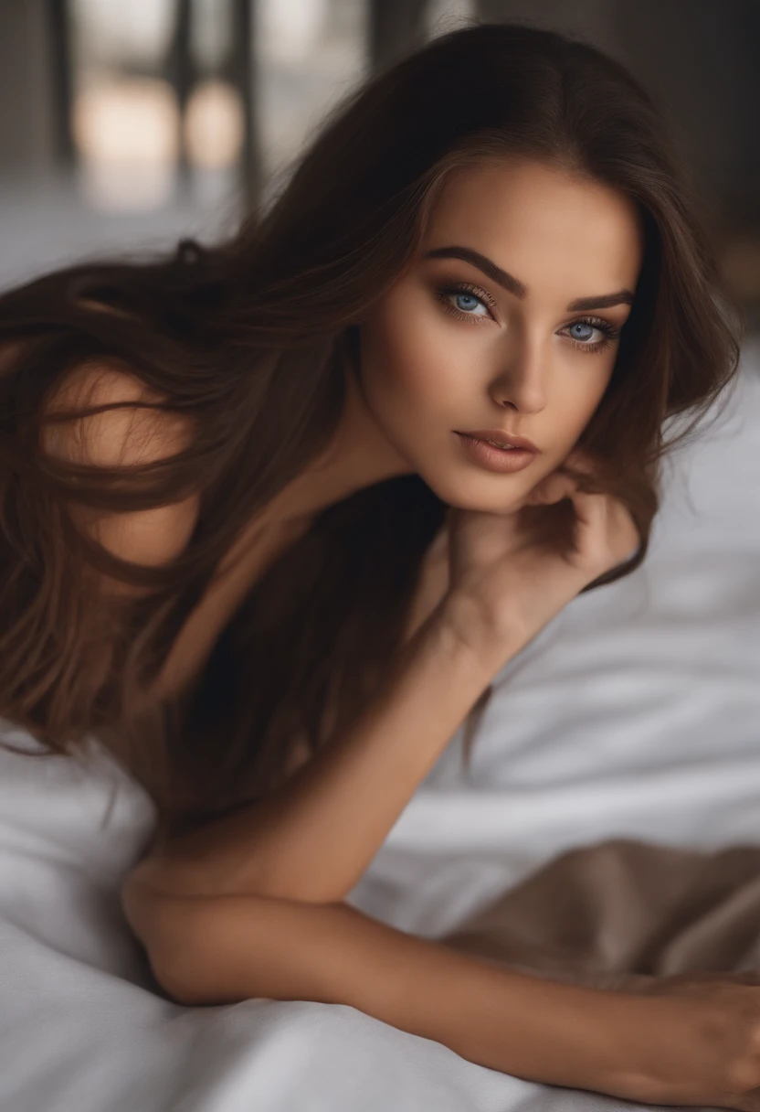 Latino and Swedish Woman, sexy girl with blue eyes, ultra realist, Meticulously detailed, Portrait Sophie Mudd, brown hair and big eyes, selfie of a young woman, beach background, black suite, with makeup, natural makeup, looking straight at camera , Face with Artgram, Subtle makeup, Great photo of the whole body kneeling on the bed, in the bedroom, Medium to large bust, in a sexy black bikini outfit, standing on the beach