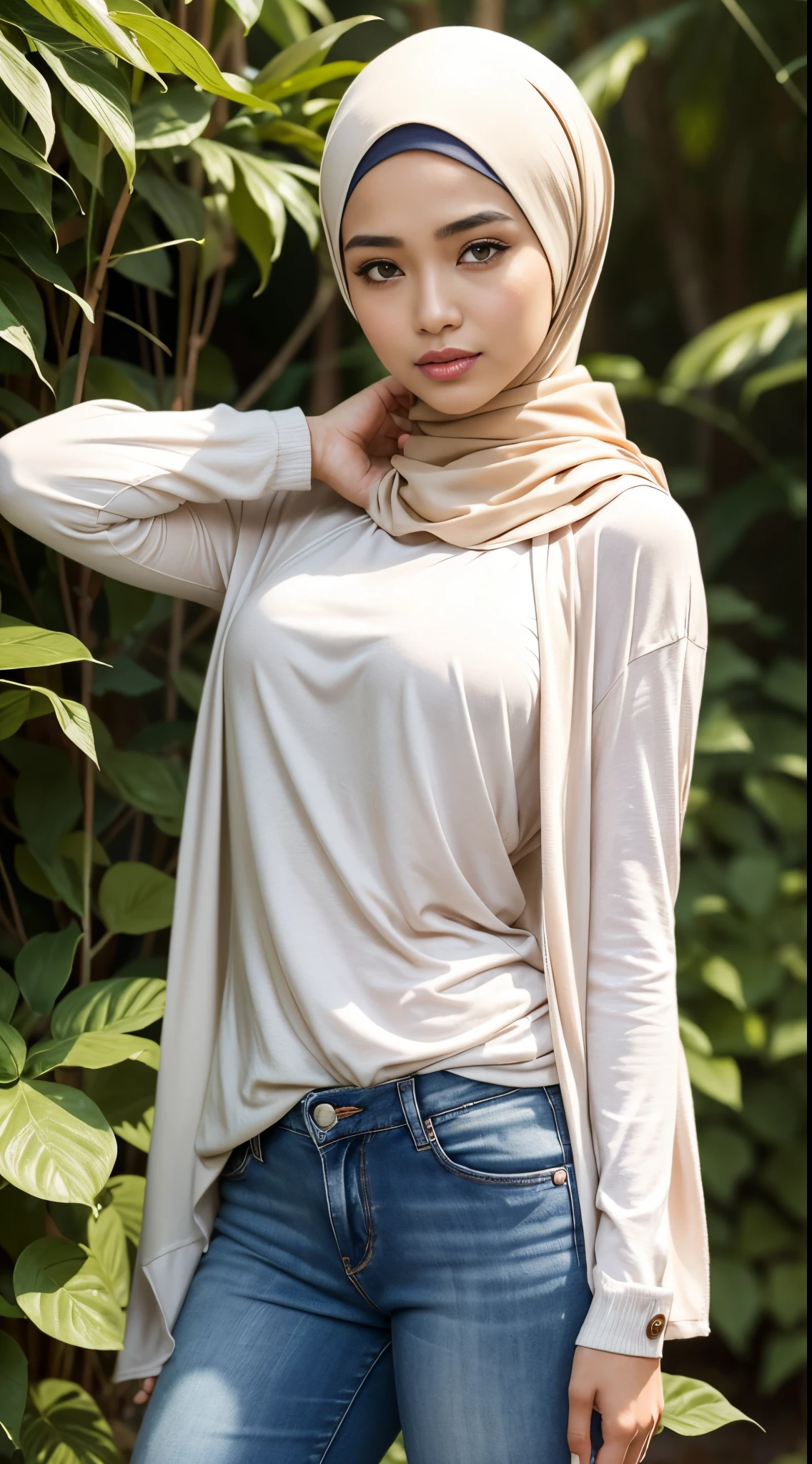 RAW, Best quality, high resolution, masterpiece: 1.3), beautiful Malay woman on hijab (iu:0.8), perfect nose,perfect lips, perfect eyes, detail :1.2),((big breast)),1 Malay girl, modern plain hijab,full body image detail, watery eyes, RAW, Best quality, high resolution, masterpiece: 1.3),big breast, perfect nose,perfect lips, perfect eyes, detail :1.2), soft smile, woman in a random shirt and  jeans standing in front of a bush, lovely woman, wearing casual clothes, malaysian, casual clothing, wearing casual clothing, a young asian woman, casual clothing style, casual clothes, handsome girl, casual pose, hijab, simple clothes, casual modern clothing, taken in 2022, full body picture, an asian woman