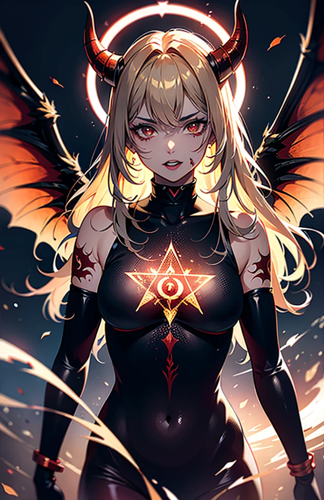 Movie CG, Tiflin, devils,Coiled hair,Shogun,Peerless beauty, girl,(Lord of Hell),Demon King,Pitch-black wings,the fallen angel,tattoo is,the scars,Blood-red heavy armor,blood spatter,It has gold etching on it, (pale-skinned), blood spatter, has horns on its head,succubi, cruel laughter,(Eyes burning red), , Red-blooded pentagram, Glowing Grimmore closes, Summon the Dharma Array, Rusty chains, illuminated satanic temple, lens flare glow, axes, intricately details, The content is very detailed, Volumetriclighting, 4k rendering, pic, ultra real photo, The texture is very real, dramatic lights, illusory engine