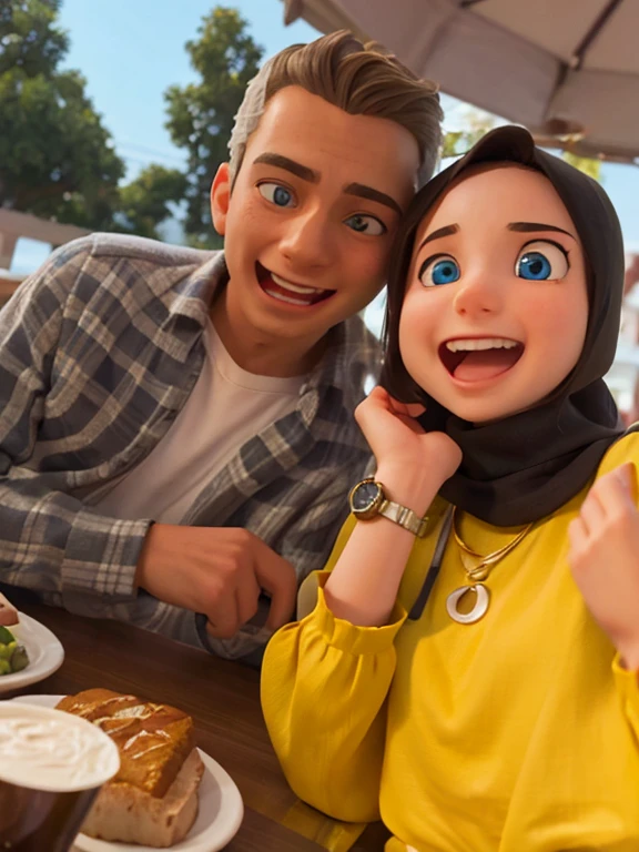 The girl and the boy are sitting in the restaurant, the girl on the right is wearing a plain yellow dress, black scarf, covering her hair with a shawl, she has brown eyes, she has a silver watch on her right arm and she has her right hand on her cheek, she is laughing looking at the camera, the man on the left has short blonde hair, blue eyes and white skin, she has a green shirt with white stripes on it, and the front of the shirt is open, she is wearing a white t-shirt under the shirt, she is laughing at the camera with her hands on the table above each other