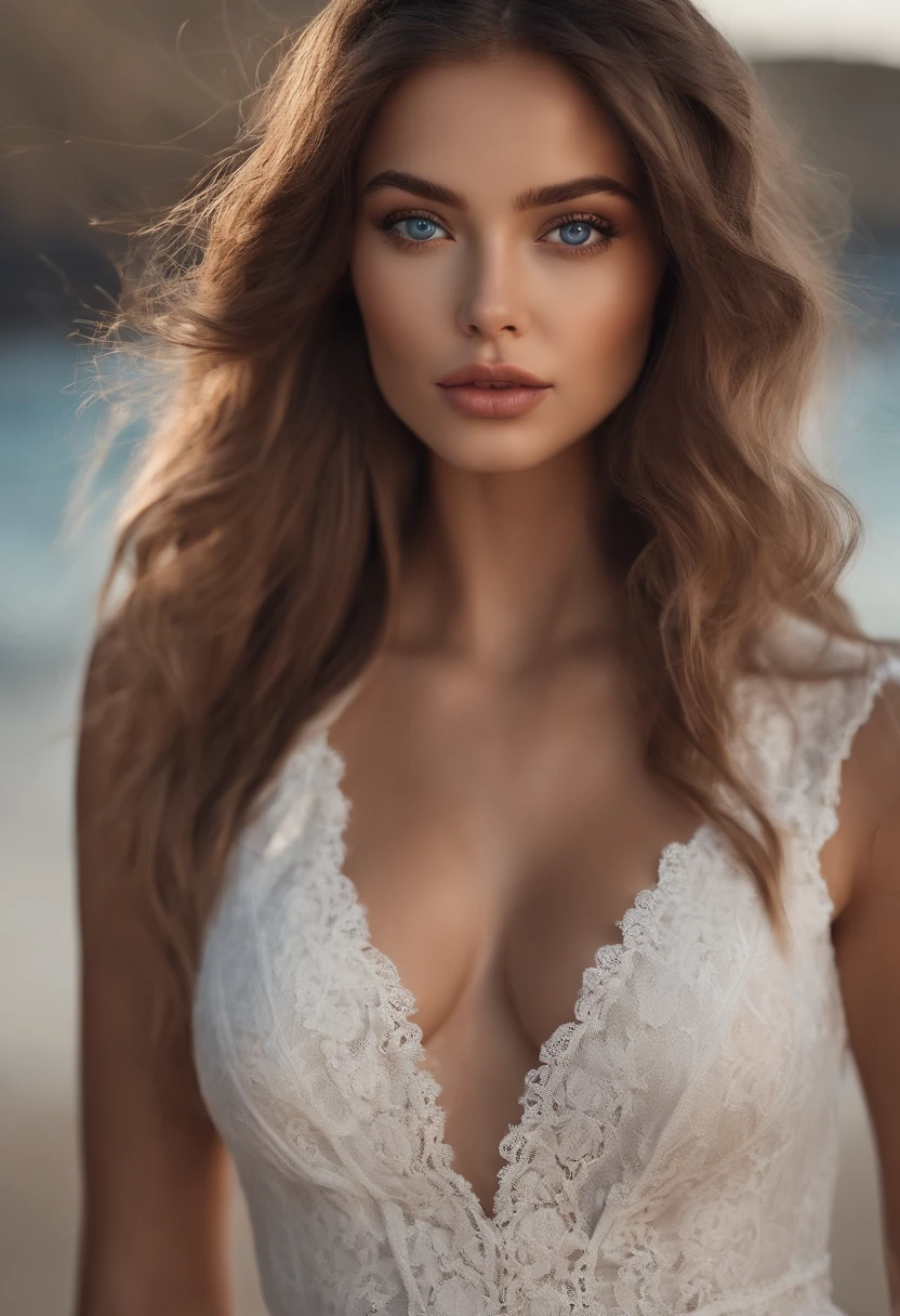 Latino and Swedish Woman, sexy girl with blue eyes, ultra realist, Meticulously detailed, Portrait Sophie Mudd, brown hair and big eyes, selfie of a young woman, wide eyes, white outfit, with makeup, natural makeup, looking straight at camera , Face with Artgram, Subtle makeup, Great photo of the whole body in the beach, beach background, Large bust, in a sexy black bikini, bikini outfit