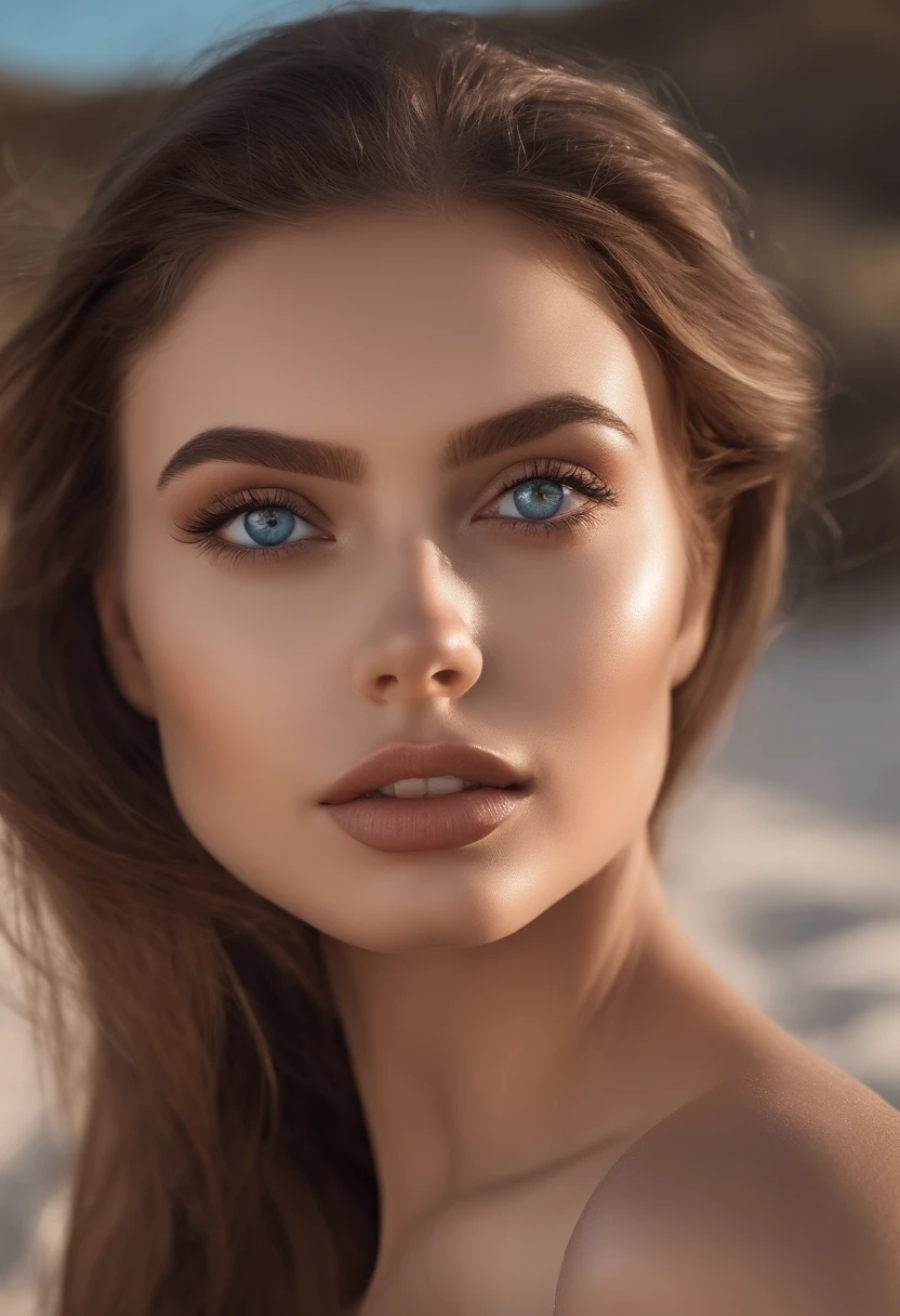 Latino and Swedish Woman, sexy girl with blue eyes, ultra realist, Meticulously detailed, Portrait Sophie Mudd, brown hair and big eyes, selfie of a young woman, wide eyes, white outfit, with makeup, natural makeup, looking straight at camera , Face with Artgram, Subtle makeup, Great photo of the whole body in the beach, beach background, Large bust, in a sexy black bikini, bikini outfit