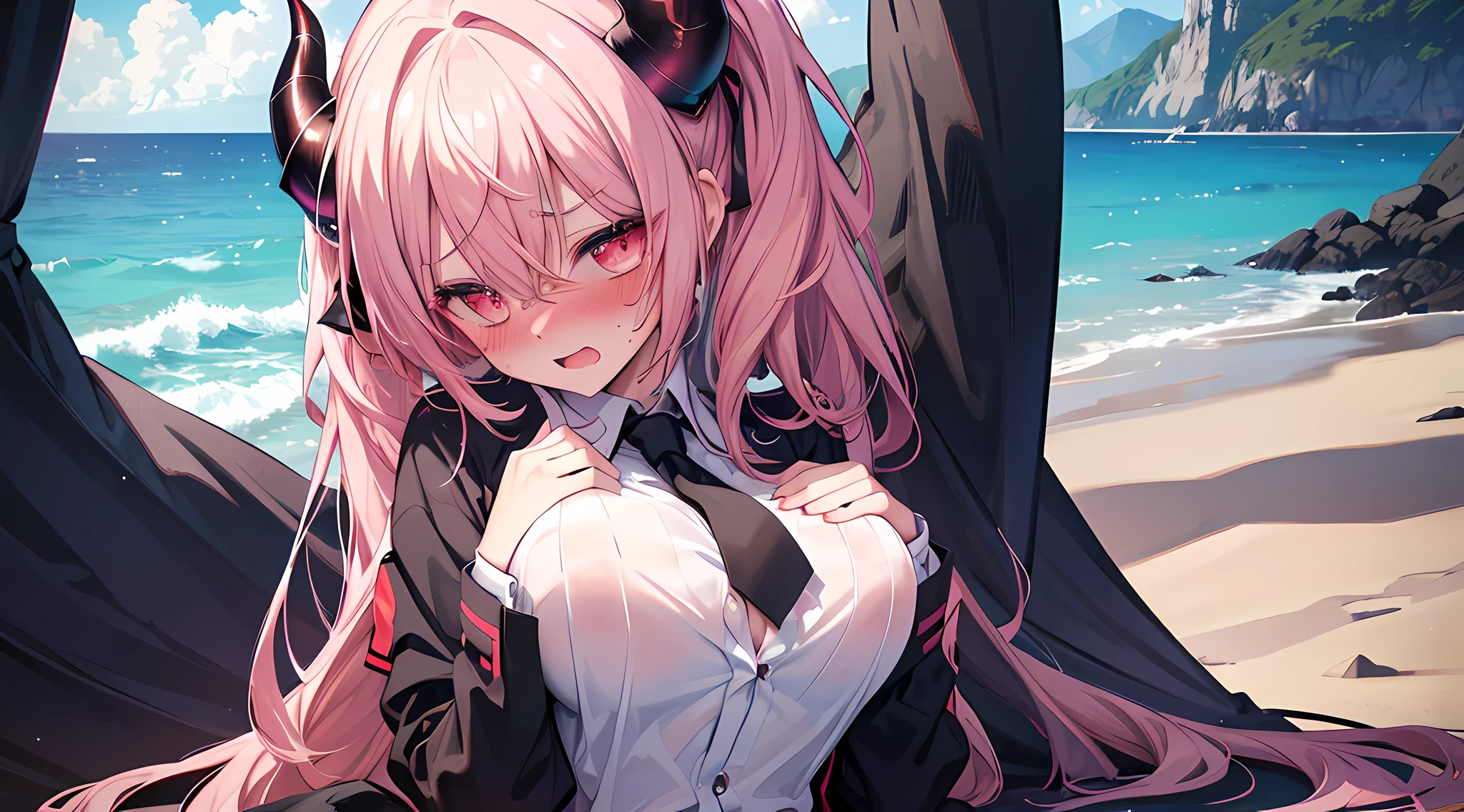 (1 demon girl), front lighting, demon horns, sexy knight uniform, detailed face, camping in beach during summer, multicolored hair, black hairpins, (blushing: 1.5), open mouth, hand unbutton her shirt, hand groping her breast, heart eyes, front lighting, 8k, masterpiece, ultra HD,