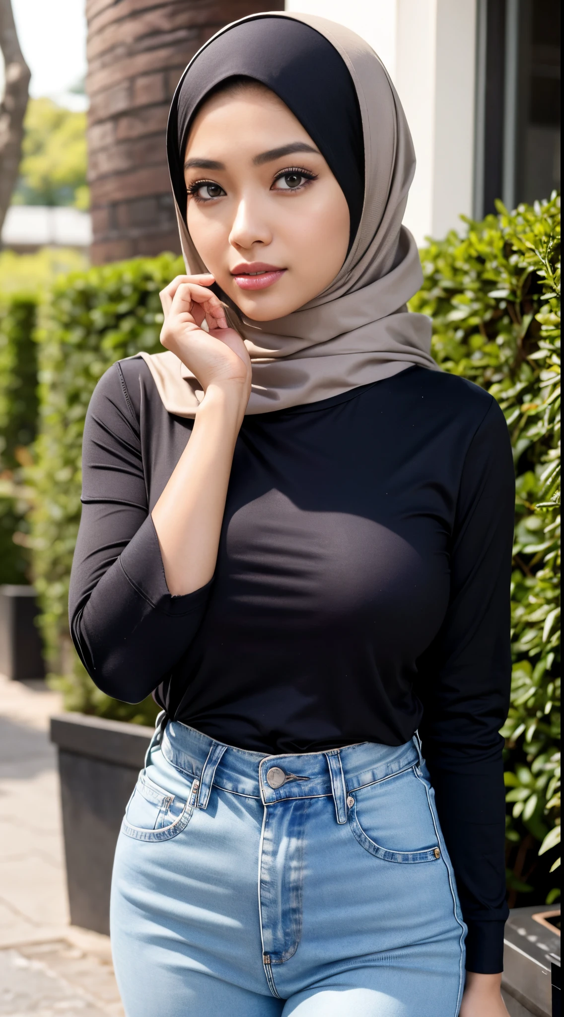 RAW, Best quality, high resolution, masterpiece: 1.3), beautiful Malay woman on hijab (iu:0.8), perfect nose,perfect lips, perfect eyes, detail :1.2),((big breast)),1 Malay girl, modern plain hijab,full body image detail, watery eyes, RAW, Best quality, high resolution, masterpiece: 1.3),big breast, perfect nose,perfect lips, perfect eyes, detail :1.2), soft smile, woman in a random shirt and jeans standing in front of a bush, lovely woman, wearing casual clothes, malaysian, casual clothing, wearing casual clothing, a young asian woman, casual clothing style, casual clothes, handsome girl, casual pose, hijab, simple clothes, casual modern clothing, taken in 2022, full body picture, an asian woman