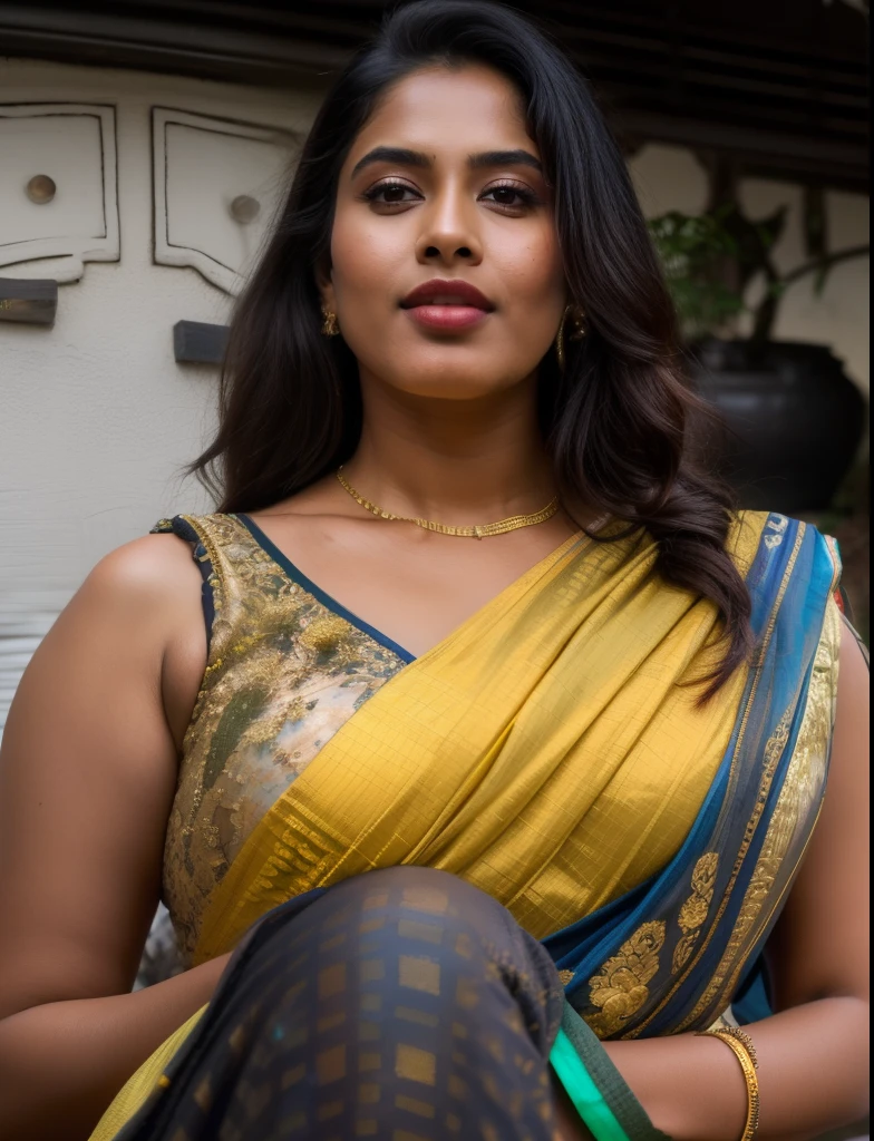 day scene, extreme close up photo of seductive indian model from top view wearing semi yellow top with big breast, big cheeks, red Hollywood lips, squatting near shrub in a garden, hourglass figure, armpits, (blue eyes:1), ponytail, necklace, 30 yo, look at viewer and smile,forest background (cinematic:1.3), intricate details, (ArtStation:1.2)