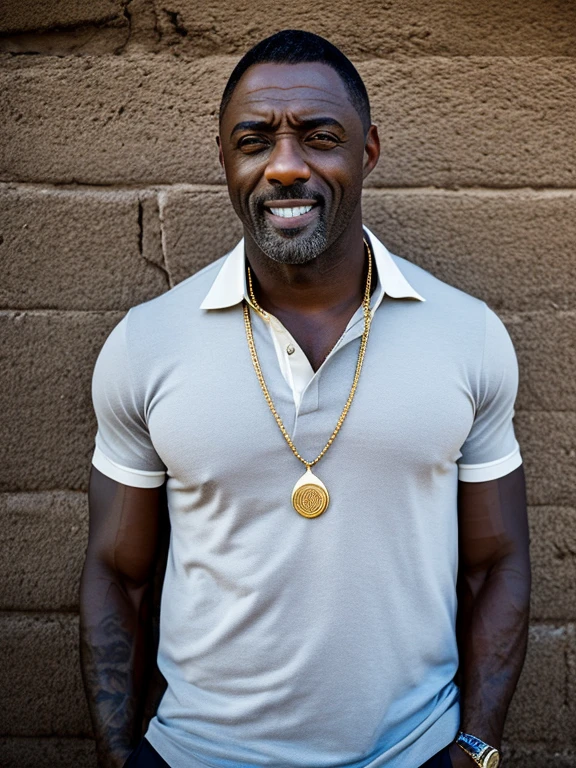 50 year old man, like Idris Elba, bald, shaven head, tall, muscular, plain white collared shirt, black jeans, chunky gold necklaces, smiling, standing in dusty street of South African township, best quality, ultra-detailed, solo, smoke, shadows, contrast, close-up, cinematic light, side lighting, ultra high resolution, best shadow, RAW, 4k,