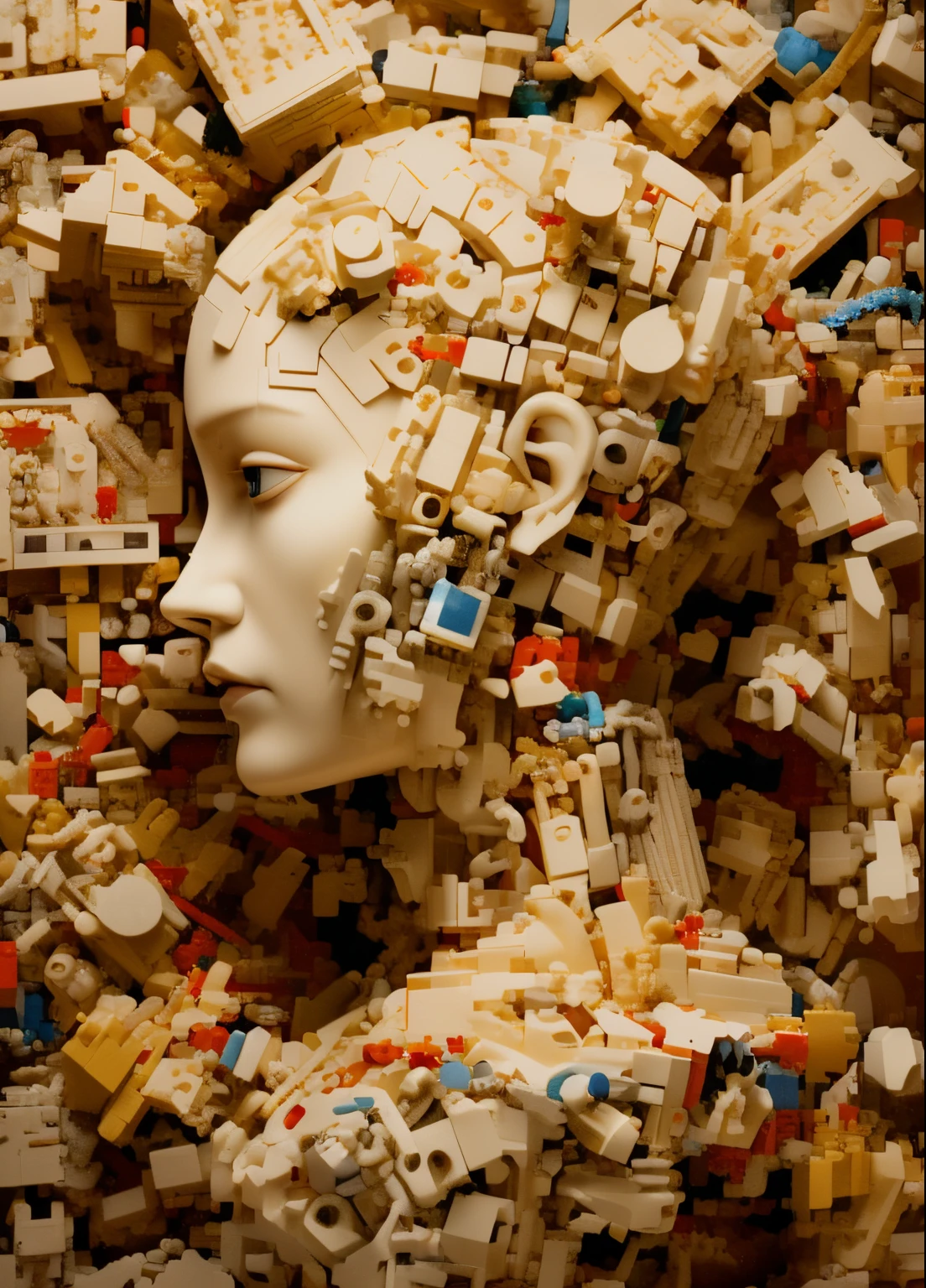 arafed head of a woman surrounded by legos and other objects, machine parts embedded into face, porcelain cyborg, highly conceptual figurative art, artificial life, stunning art, surreal art, intricate transhuman, portrait of female humanoid, a surrealist sculpture, hiroyuki kato, manabu ikeda, ceramic cyborg, surrealist conceptual art
