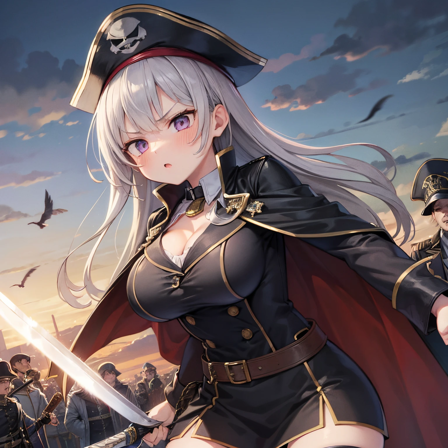 1girl, solo, large breast , black shirt , colared shirt , black cape , buttoned shirt , medals , valor , military uniform , fighting , serious face , dirty clothes , pirate clothes , pirate , feathered cape , action , sword , holding sword , attacking , injury , battle , action,