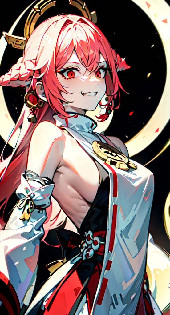1个Giant Breast Girl, critters_hor ears, By bangs, (Bare bare_bshoulders:1.1), Independent_the sleeve, lookingat_Show on the_peeping at the viewer, (Red_The eye:1.2), (Side breasts:1.2), Skysky, ssmile, (Alone:1.2), (Wide_the sleeve:1.2), ((tmasterpiece)), ((pale-skinned)), (bokeh effect), (dynamic angle), dynamicposes, (fuzzy_Background with:1.2), (The white_the hair:1.3), (shrine maiden_high priestess:1.3), (evil_The subject:1.4), grinning smile, (pervert smirk:1.2), Black_garments