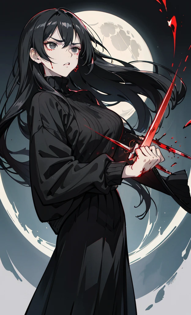 femele,Long black hair,black eyes,No light in the eyes,expression full of anger,Black vertical sweater,Black long skirt,big black sword,Combat depiction,Black Moon,intense black aura,Blood droplets,anime styled