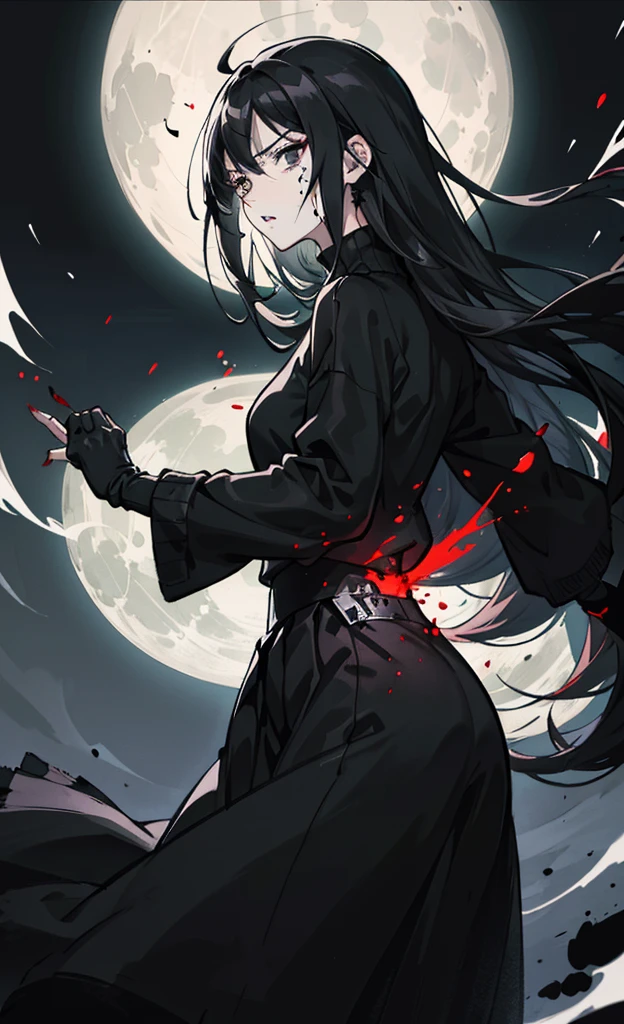 femele,Long black hair,black eyes,No light in the eyes,expression full of anger,Black vertical sweater,Black long skirt,big black sword,Combat depiction,Black Moon,intense black aura,Blood droplets,anime styled